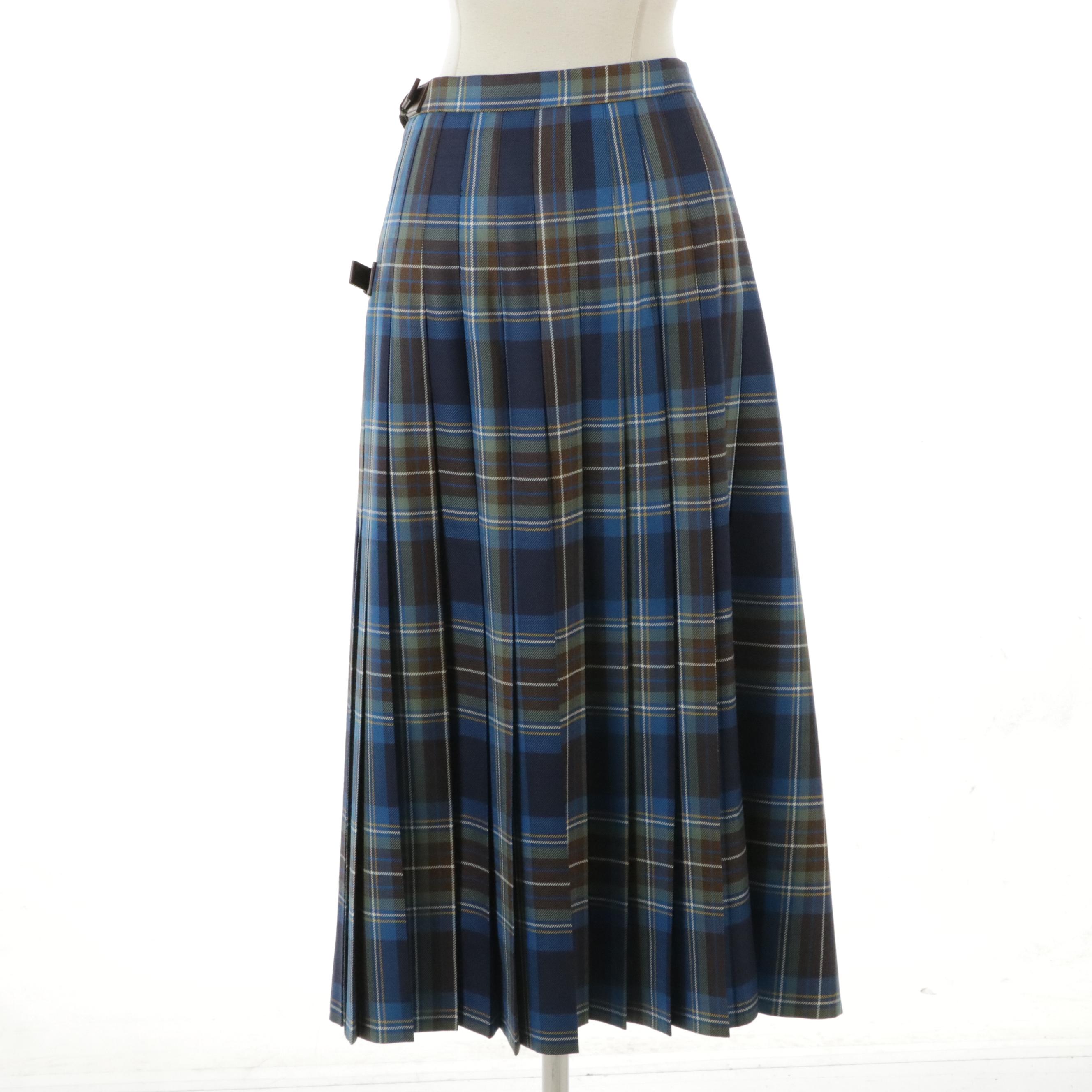 Prada Brown and Blue Tartan Wool Wrap Skirt with Buckle Details