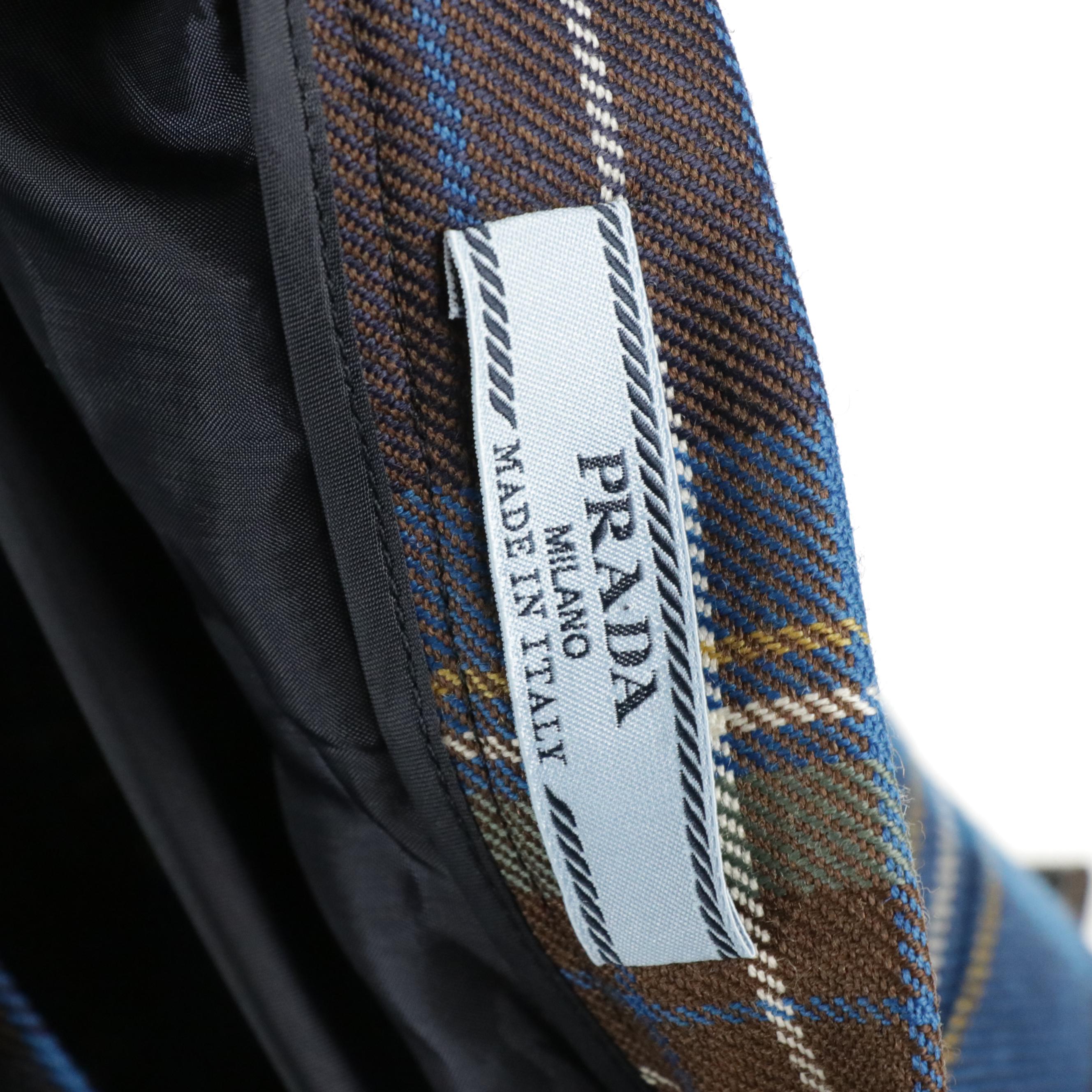 Prada Brown and Blue Tartan Wool Wrap Skirt with Buckle Details