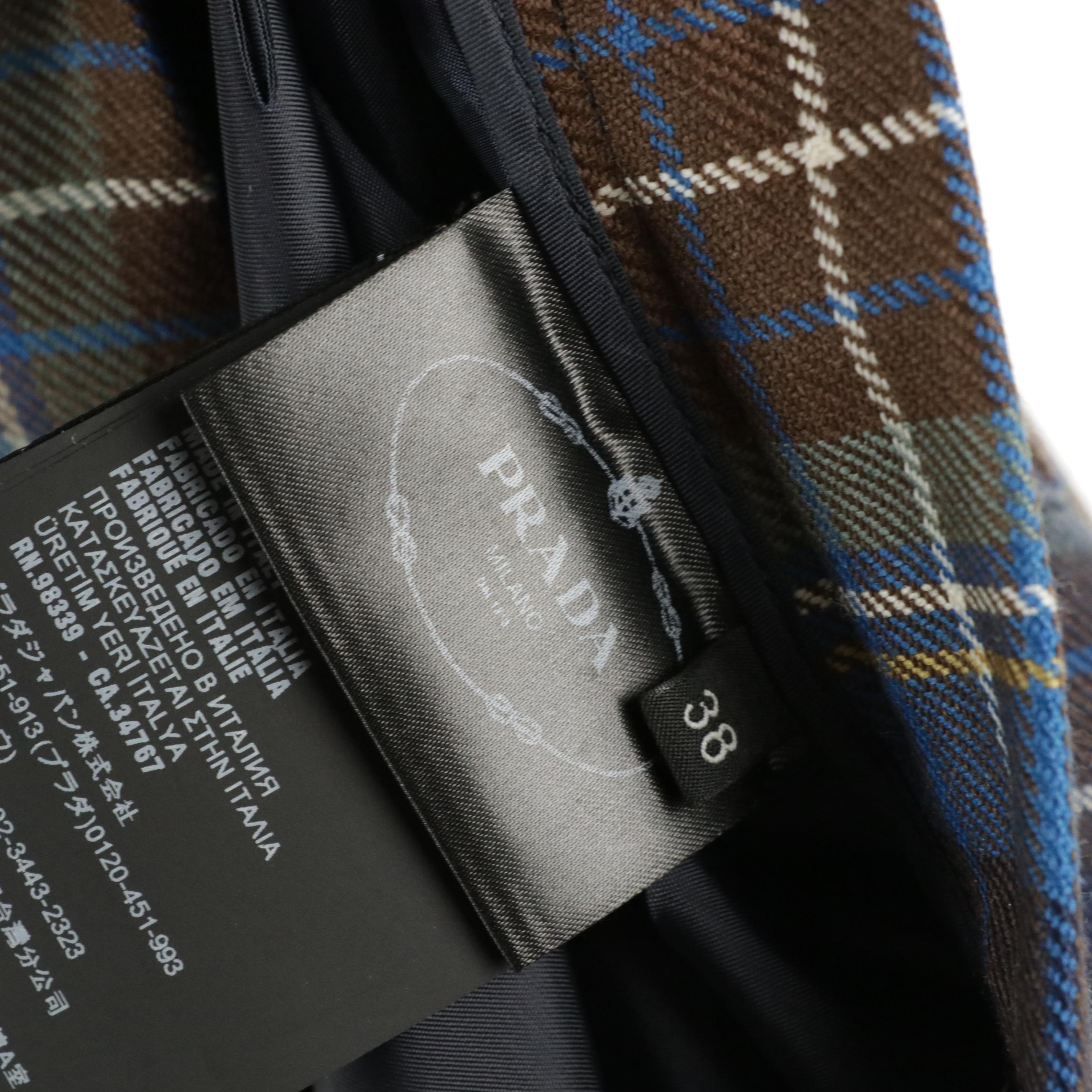 Prada Brown and Blue Tartan Wool Wrap Skirt with Buckle Details