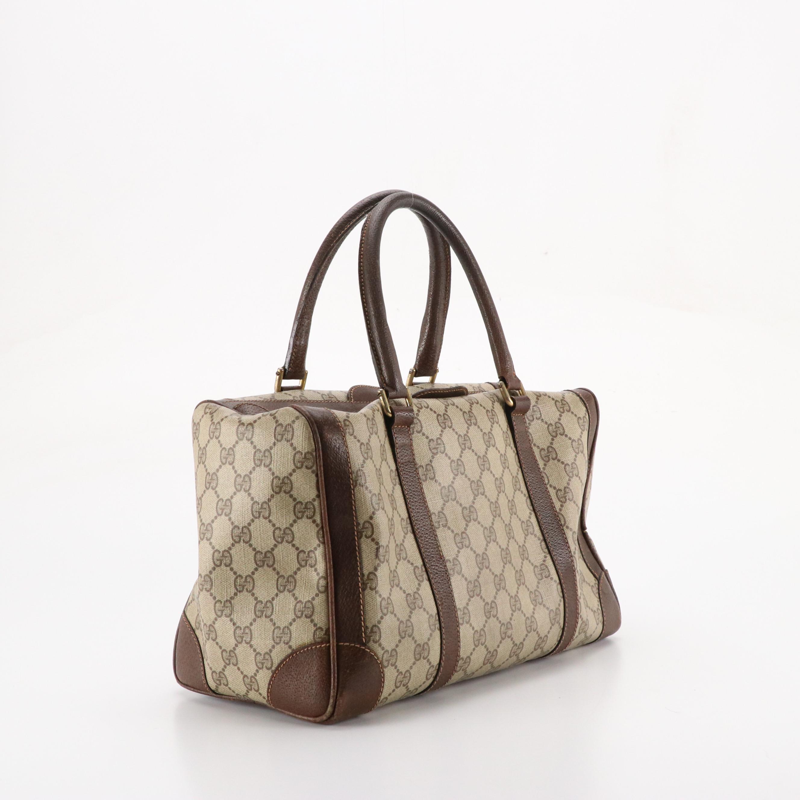 Gucci Vintage Boston Bag in GG Supreme Canvas and Brown Cinghiale Leather