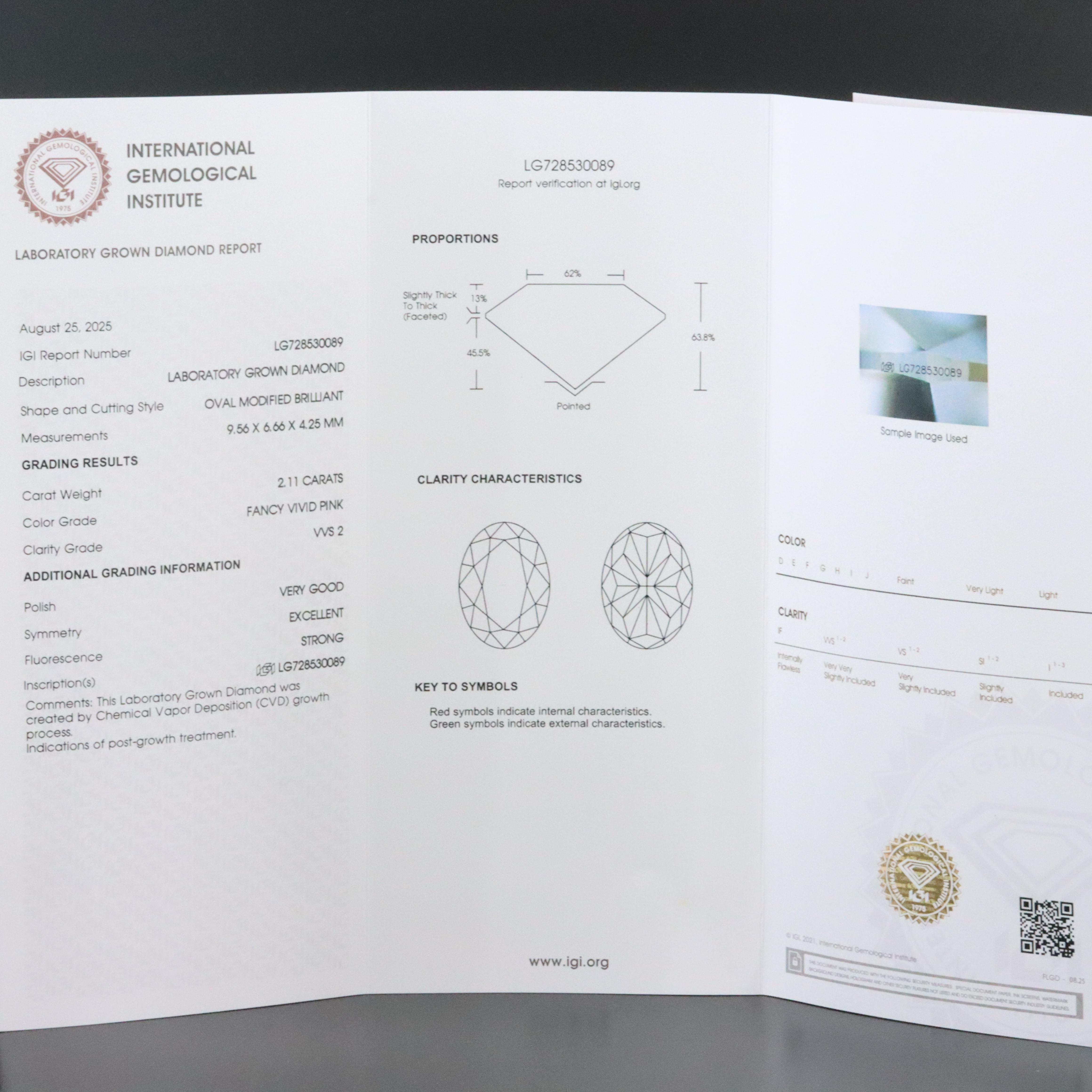 Loose 2.11 CT Lab Grown Fancy Pink Diamond with IGI Report