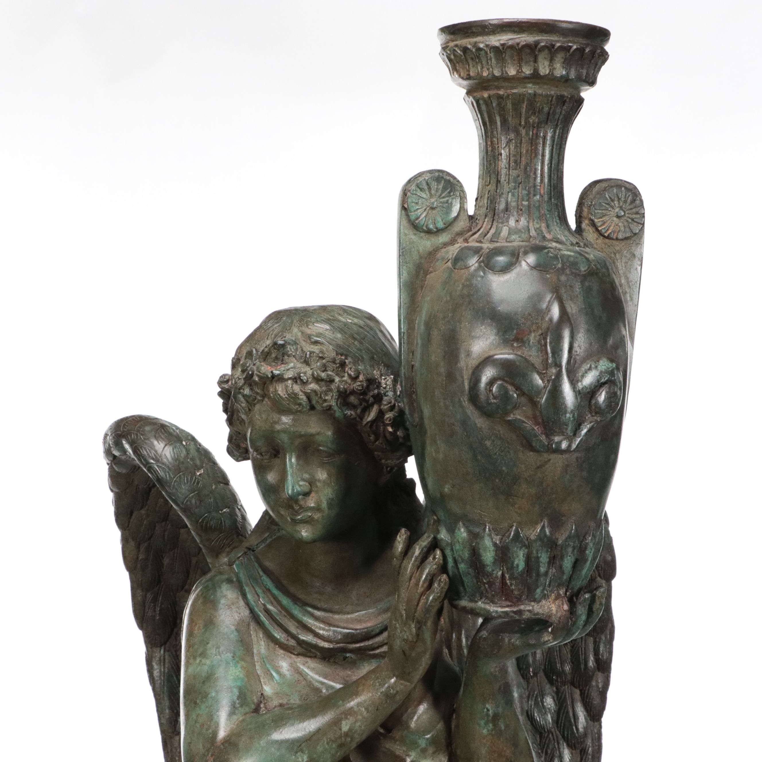 Pair of Neoclassical Style Patinated Finish Cast Metal Angels on Marble Plinths