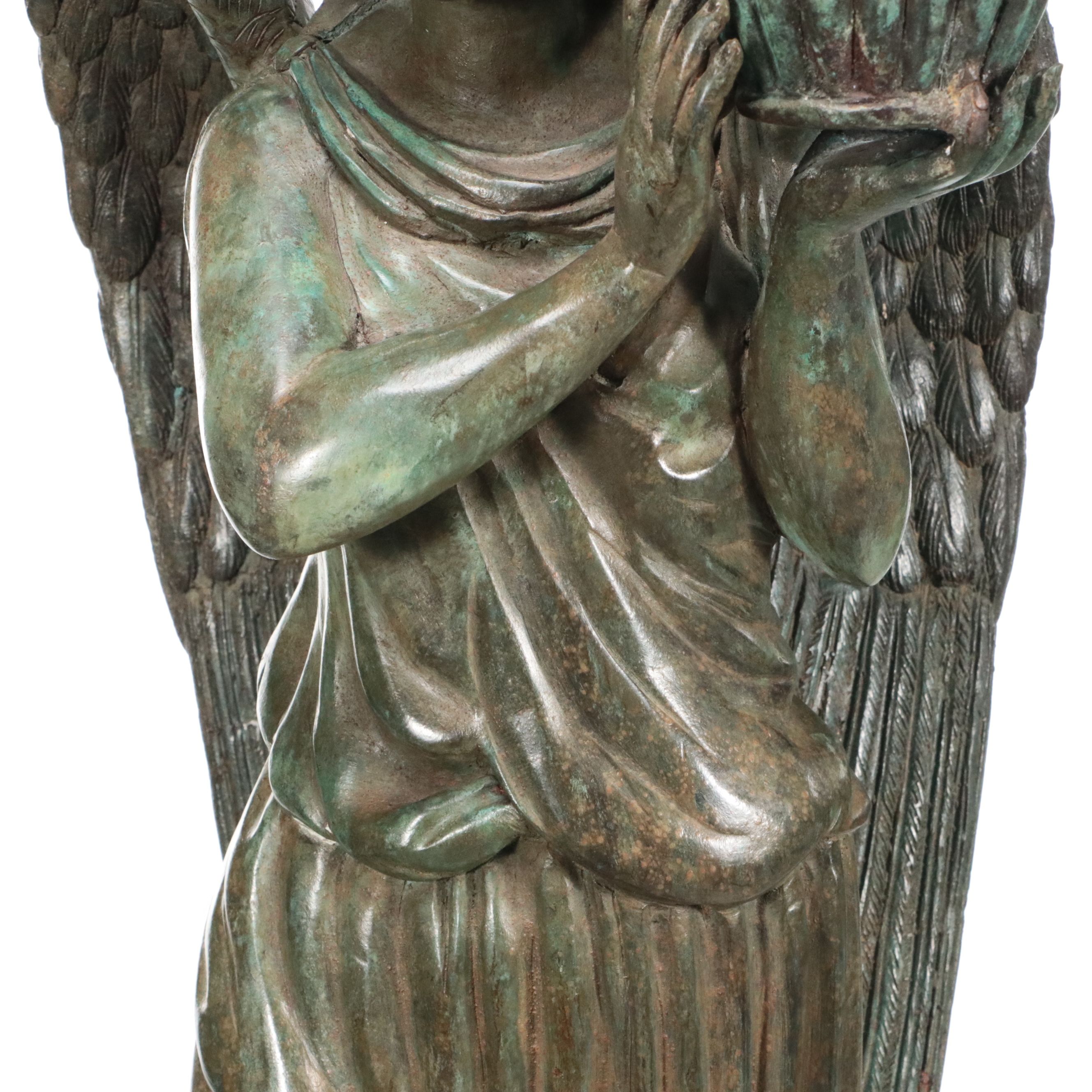 Pair of Neoclassical Style Patinated Finish Cast Metal Angels on Marble Plinths