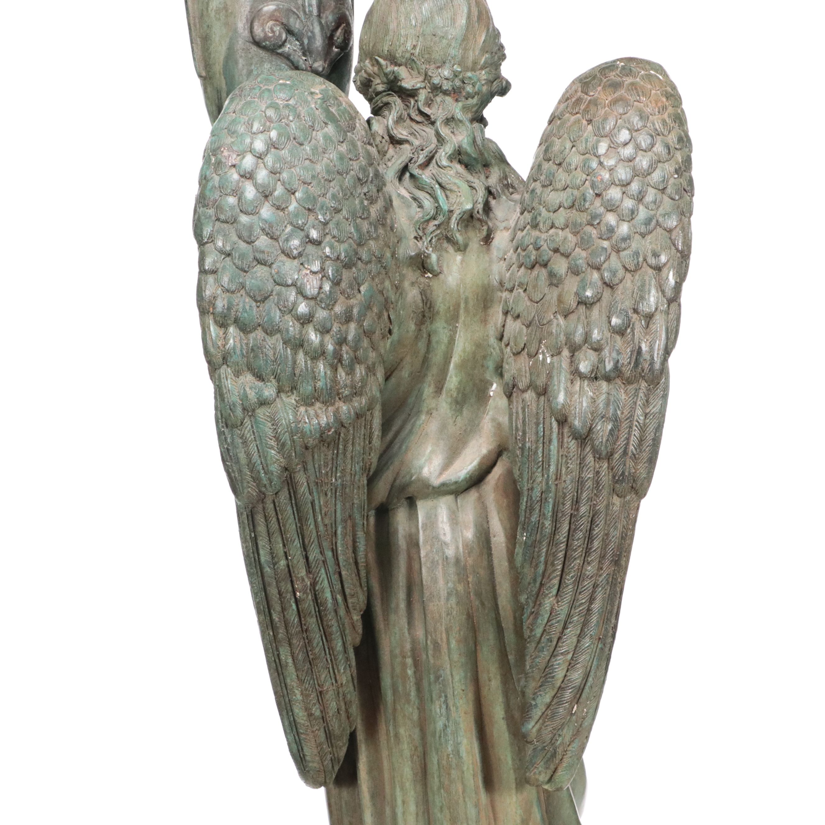 Pair of Neoclassical Style Patinated Finish Cast Metal Angels on Marble Plinths