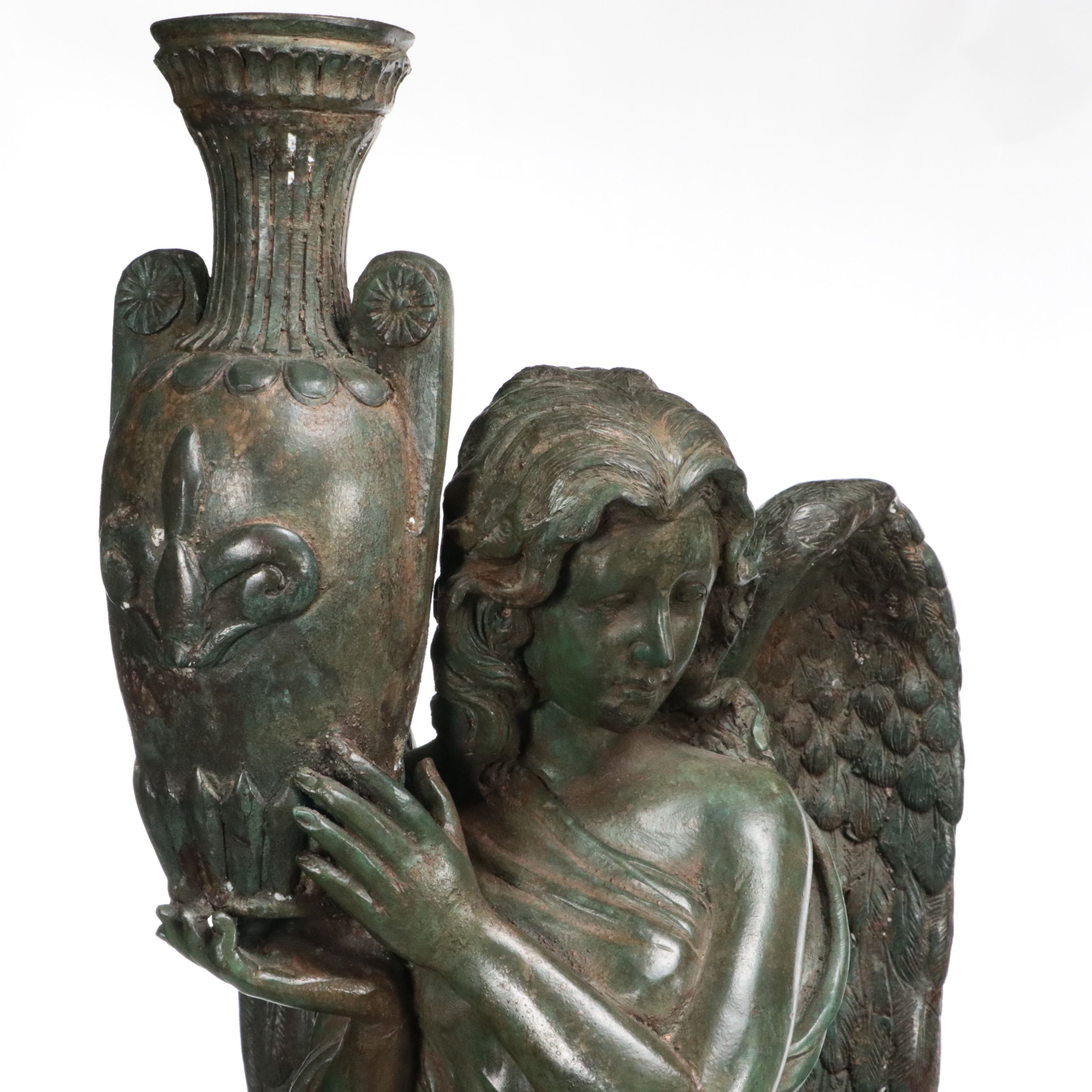 Pair of Neoclassical Style Patinated Finish Cast Metal Angels on Marble Plinths