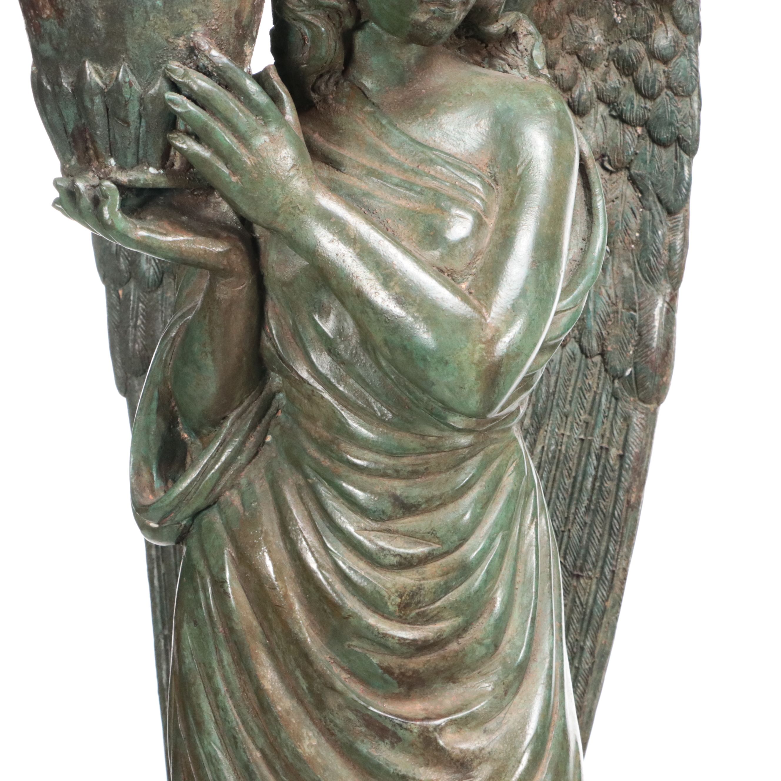 Pair of Neoclassical Style Patinated Finish Cast Metal Angels on Marble Plinths