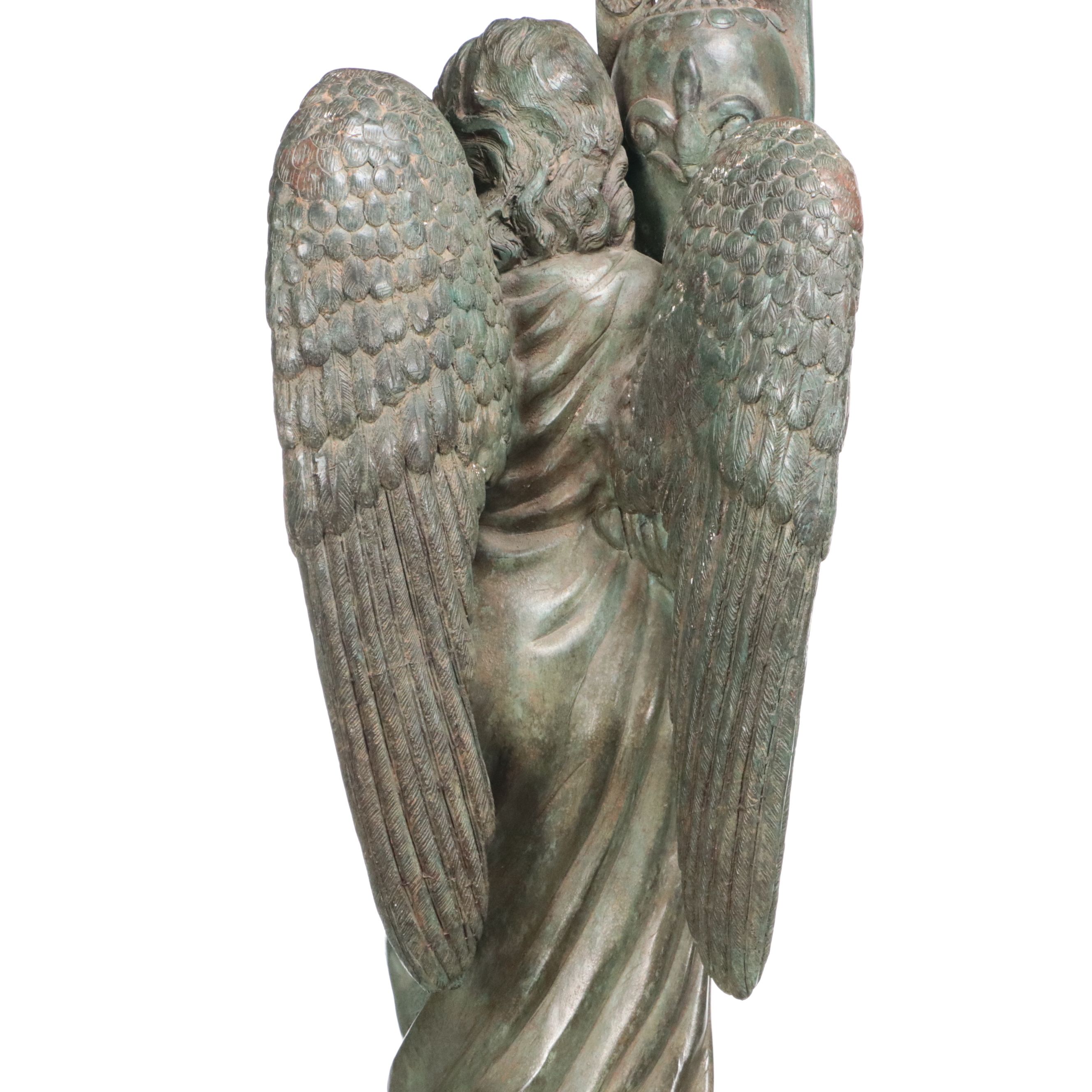 Pair of Neoclassical Style Patinated Finish Cast Metal Angels on Marble Plinths