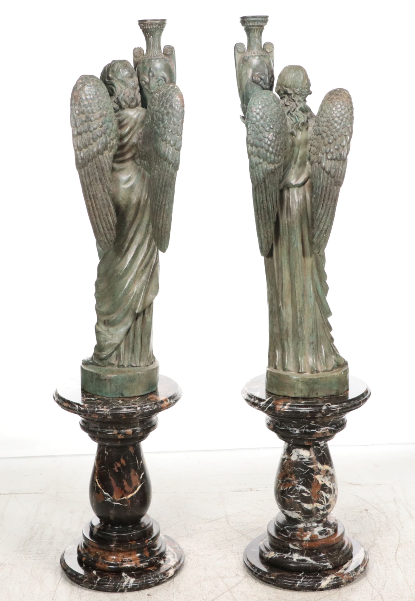 Pair of Neoclassical Style Patinated Finish Cast Metal Angels on Marble Plinths