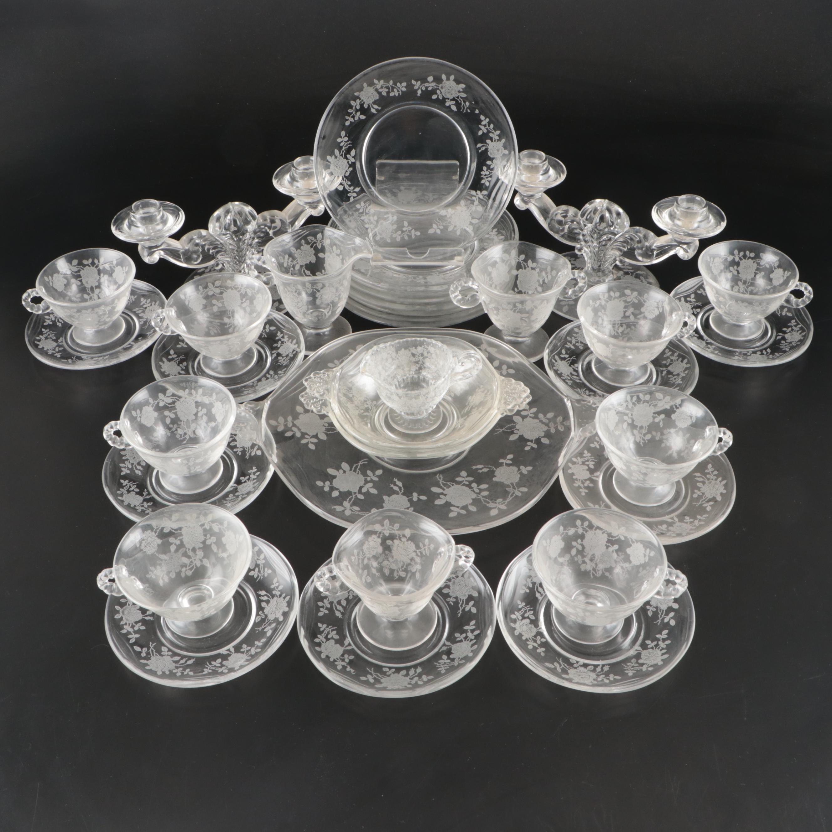 Fostoria "Willowmere" Glass Teaware with Other Glass Candelabrum