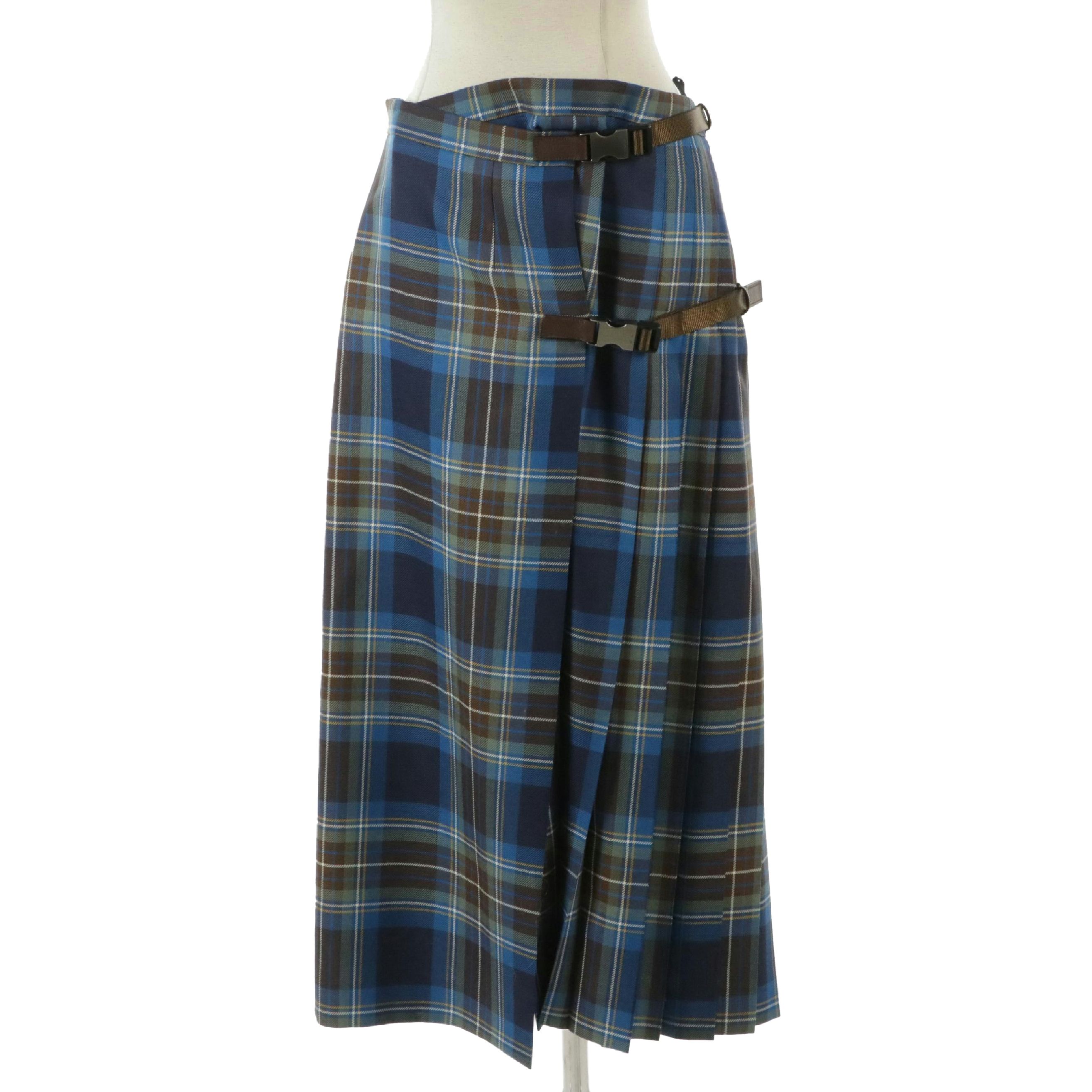 Prada Brown and Blue Tartan Wool Wrap Skirt with Buckle Details