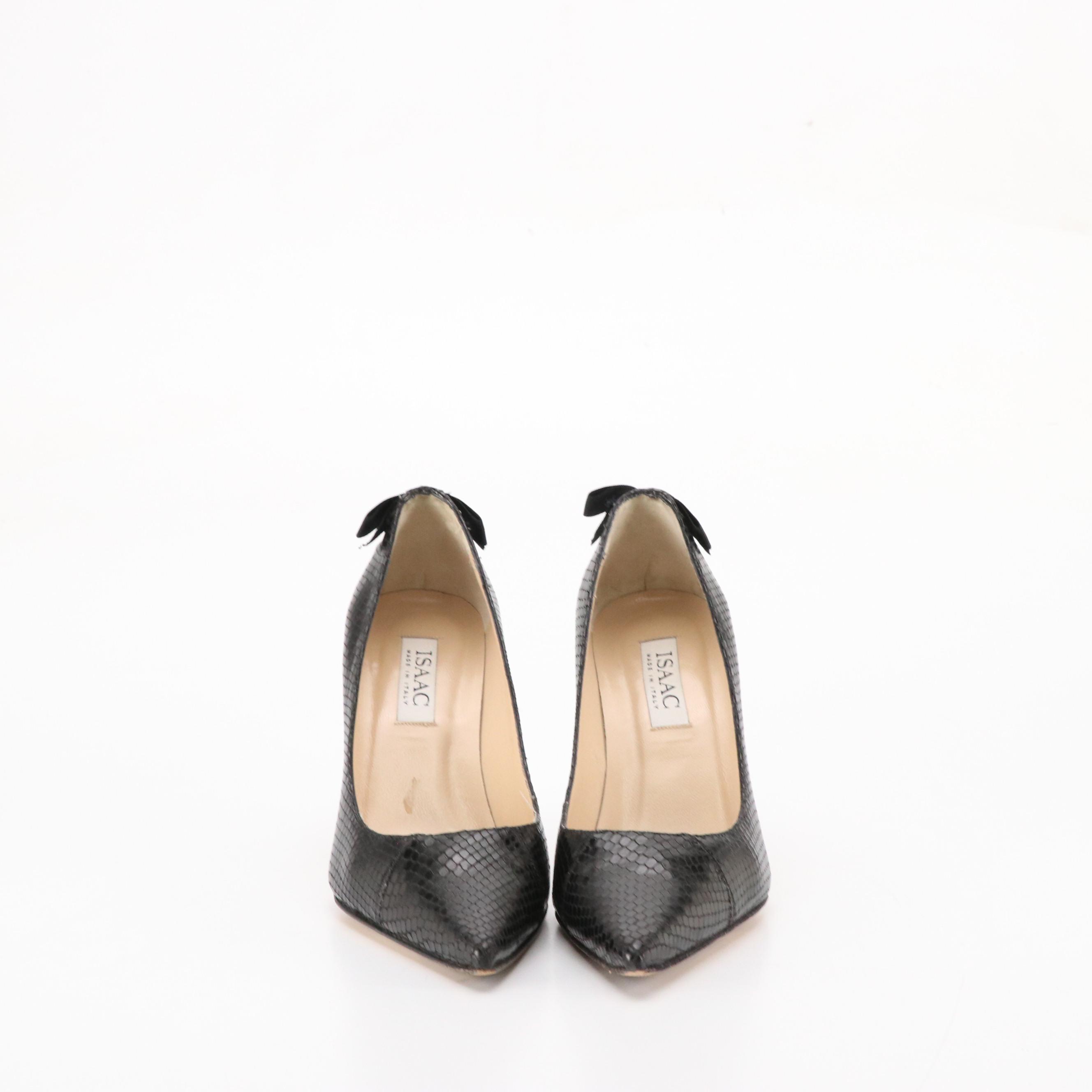 Isaac Snakeskin Pointed-Toe Pumps with Bow Details, Neiman Marcus Studded Flats