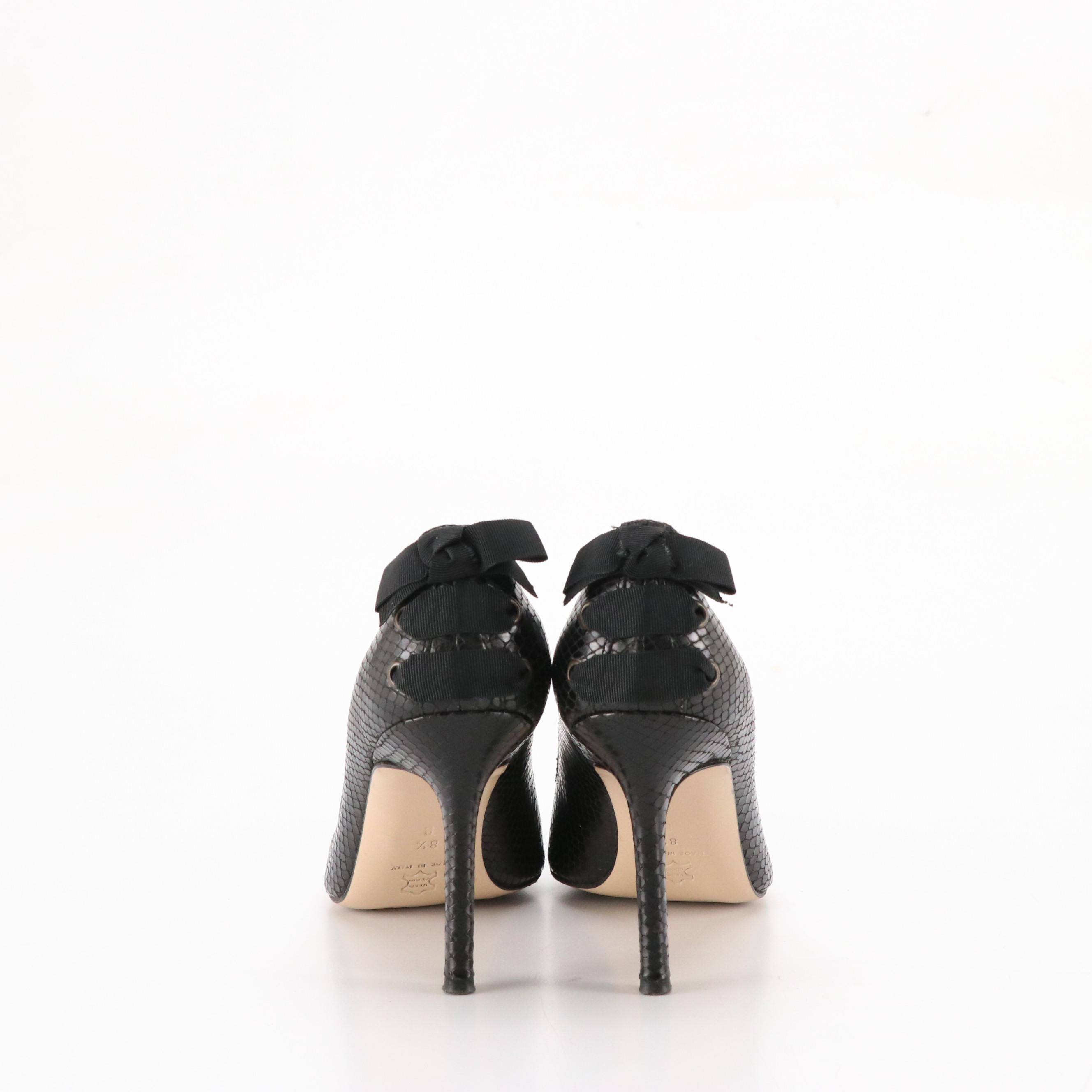 Isaac Snakeskin Pointed-Toe Pumps with Bow Details, Neiman Marcus Studded Flats