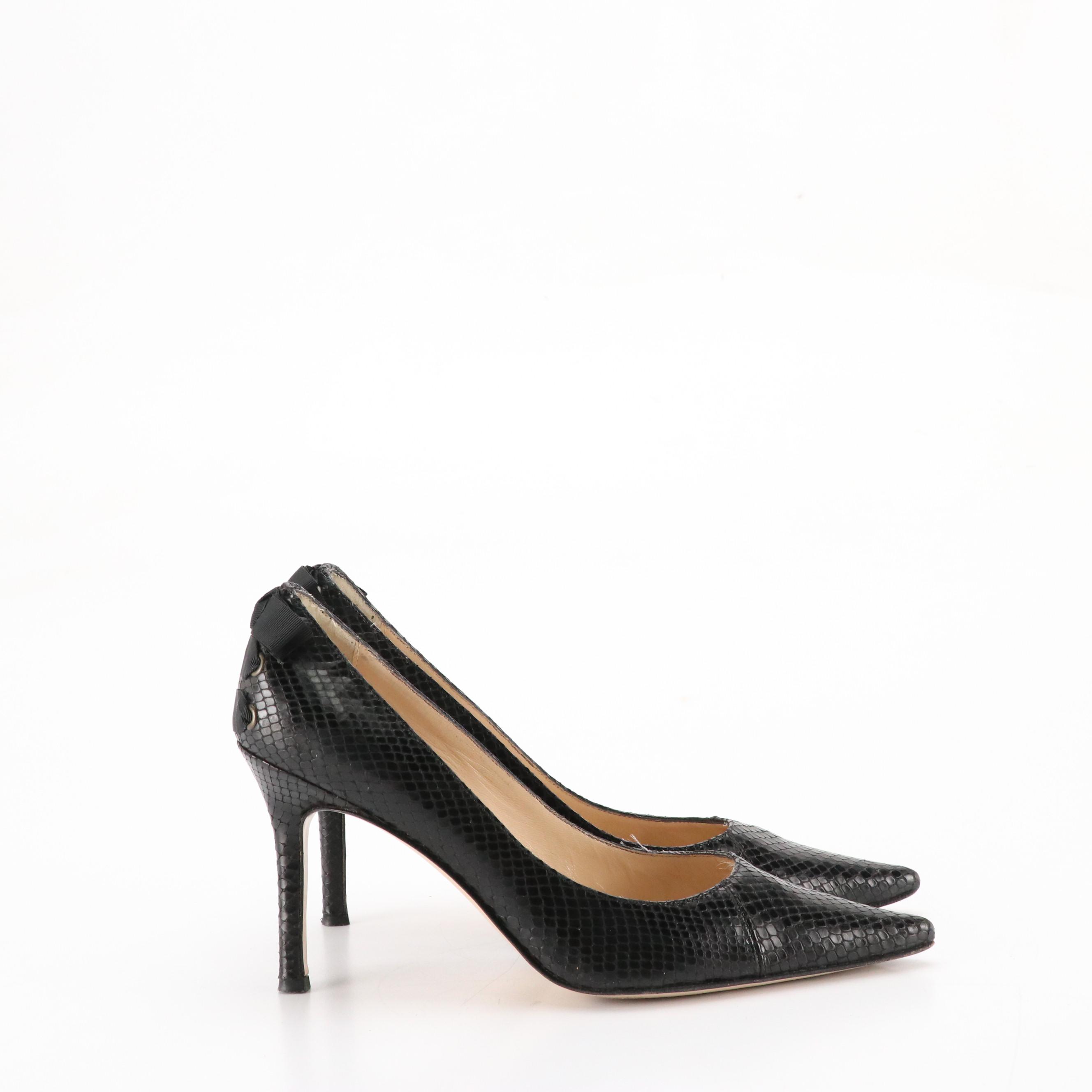 Isaac Snakeskin Pointed-Toe Pumps with Bow Details, Neiman Marcus Studded Flats