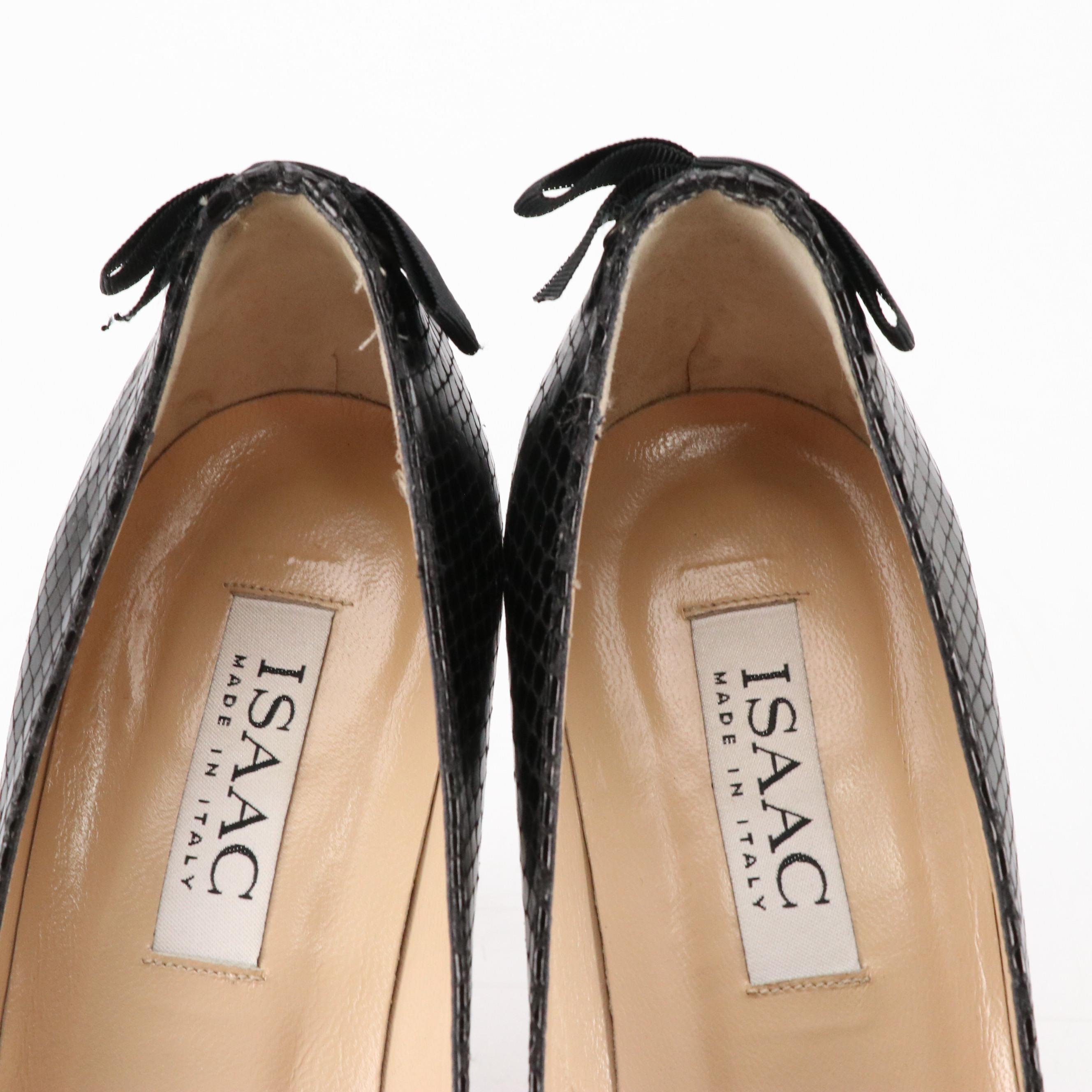 Isaac Snakeskin Pointed-Toe Pumps with Bow Details, Neiman Marcus Studded Flats