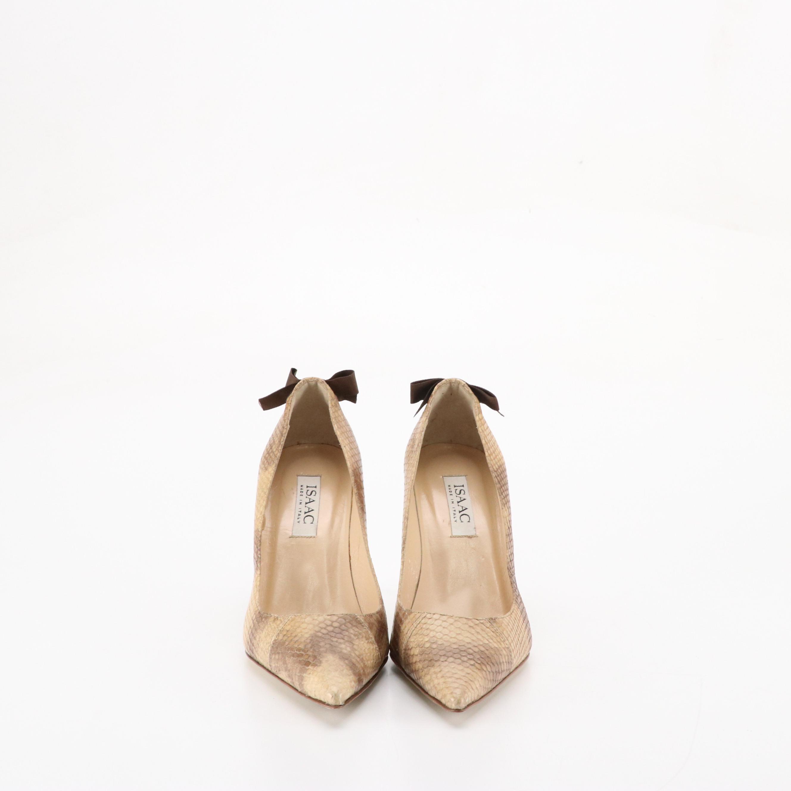 Isaac Snakeskin Pointed-Toe Pumps with Bow Details, Neiman Marcus Studded Flats