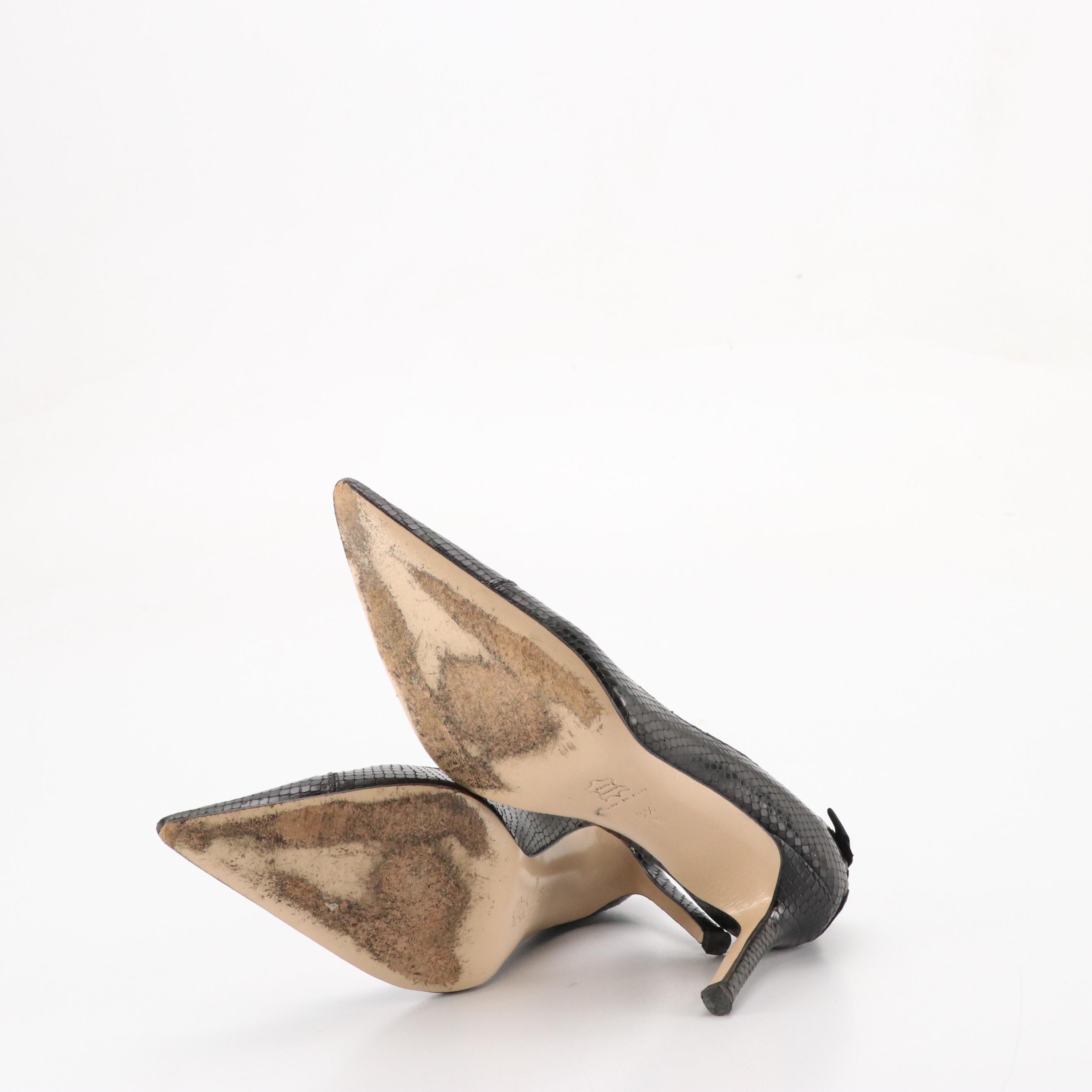 Isaac Snakeskin Pointed-Toe Pumps with Bow Details, Neiman Marcus Studded Flats