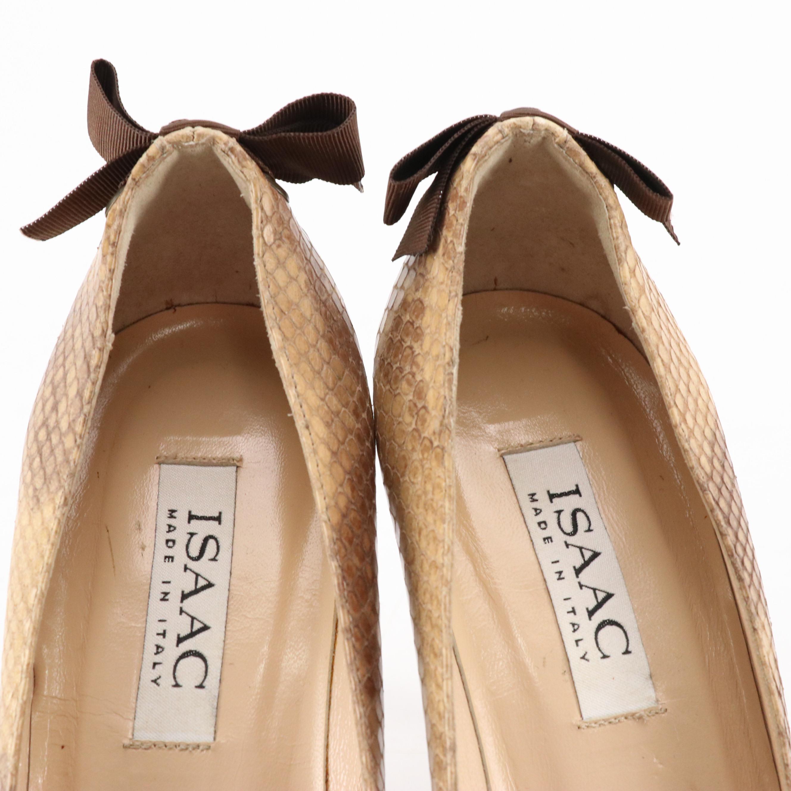 Isaac Snakeskin Pointed-Toe Pumps with Bow Details, Neiman Marcus Studded Flats