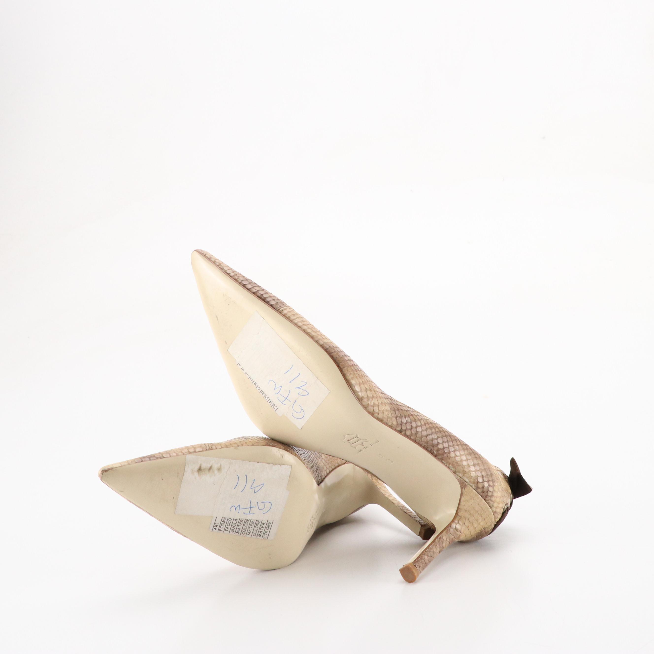 Isaac Snakeskin Pointed-Toe Pumps with Bow Details, Neiman Marcus Studded Flats