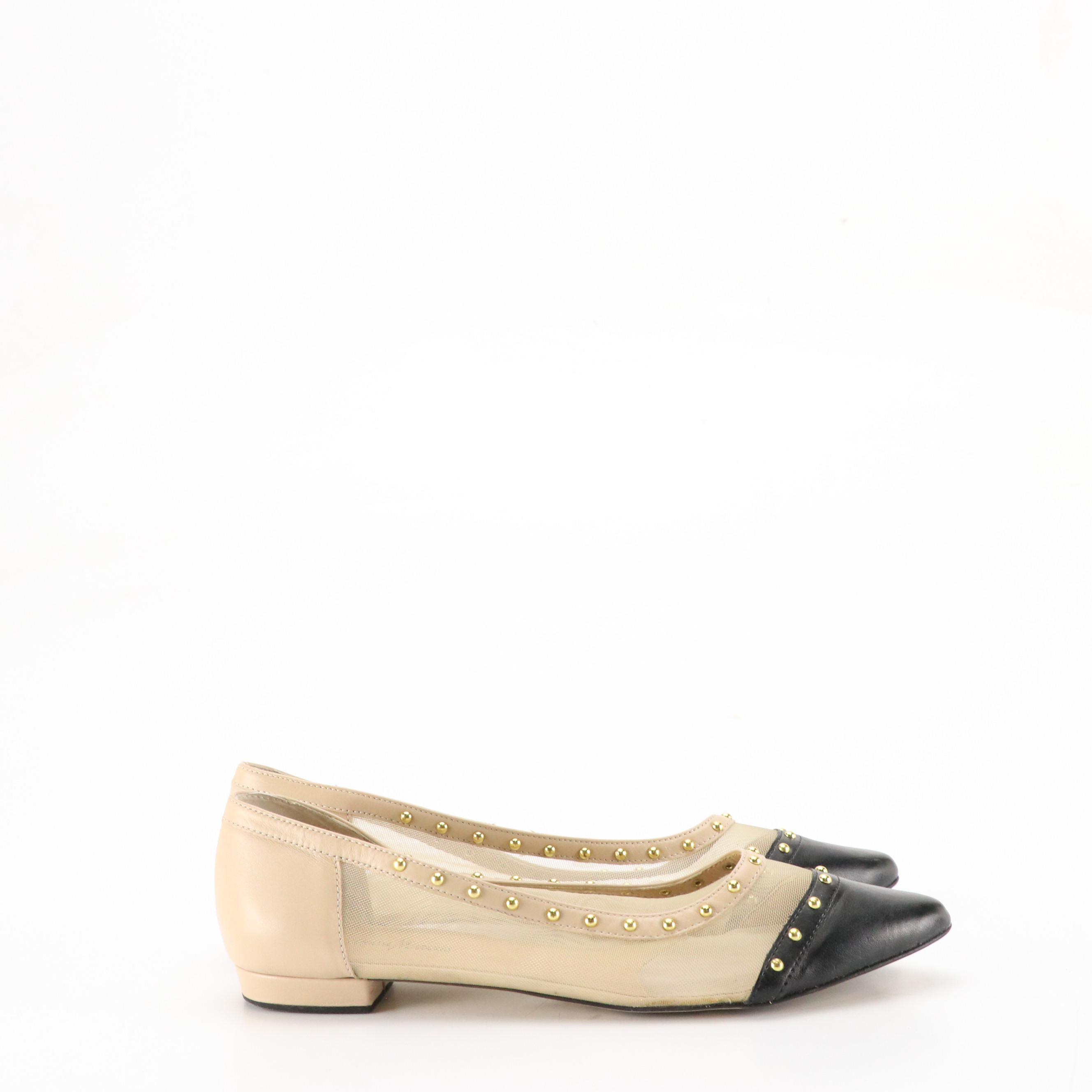 Isaac Snakeskin Pointed-Toe Pumps with Bow Details, Neiman Marcus Studded Flats