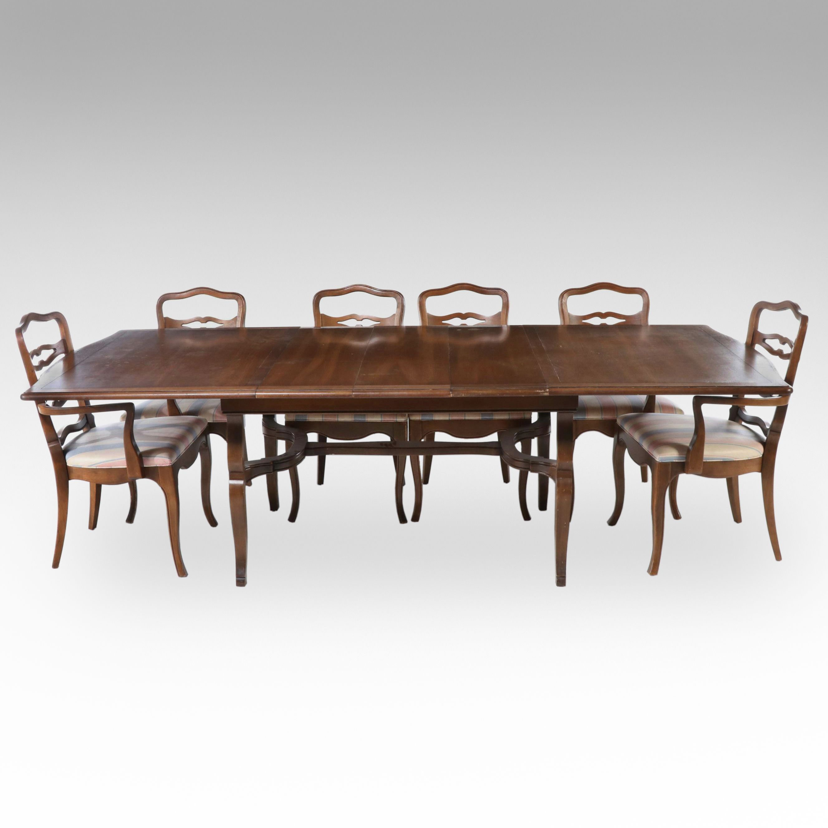French Provincial Style Walnut Dining Table and Six Chairs, Late 20th Century