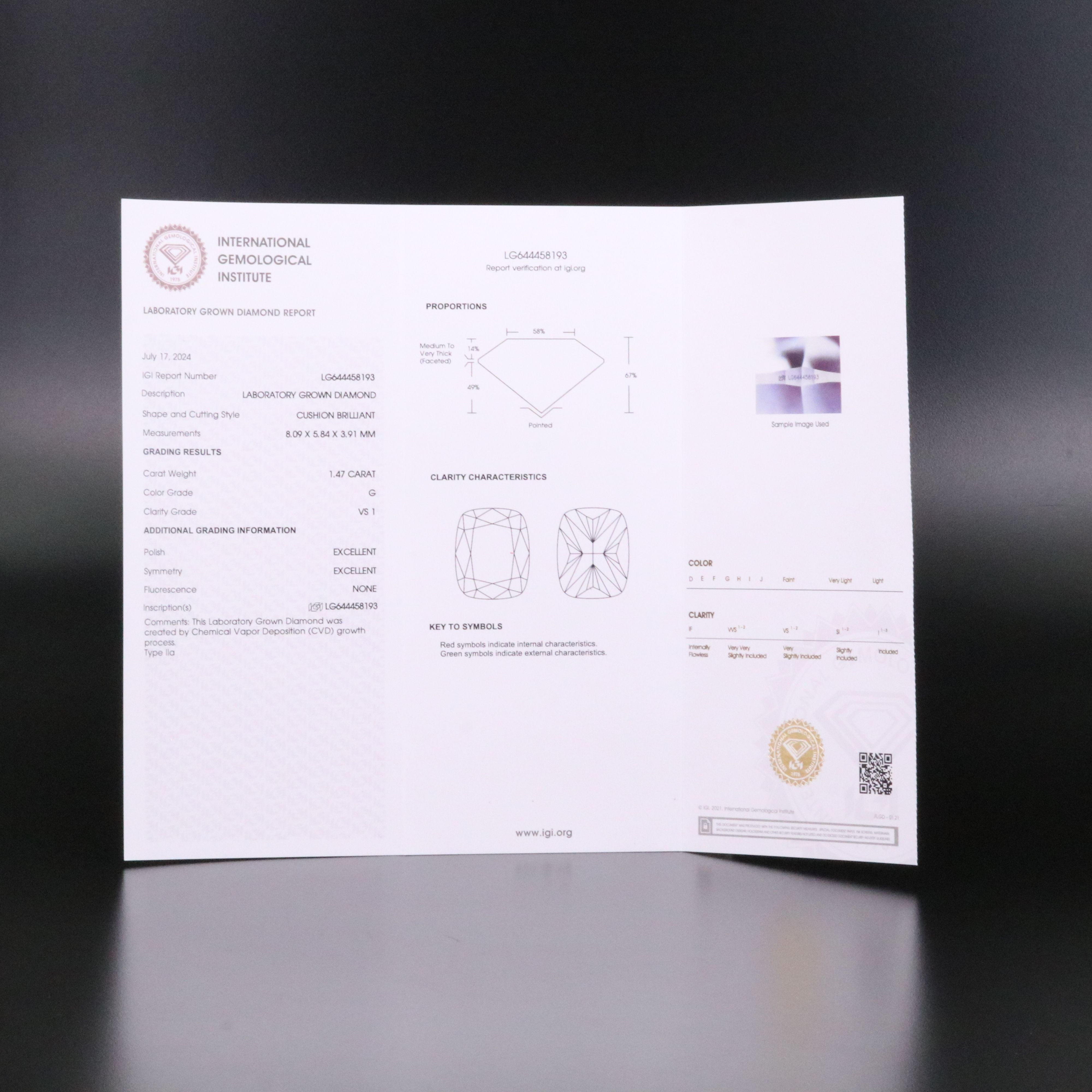 Loose 1.47 CT Lab Grown Diamond with IGI Report