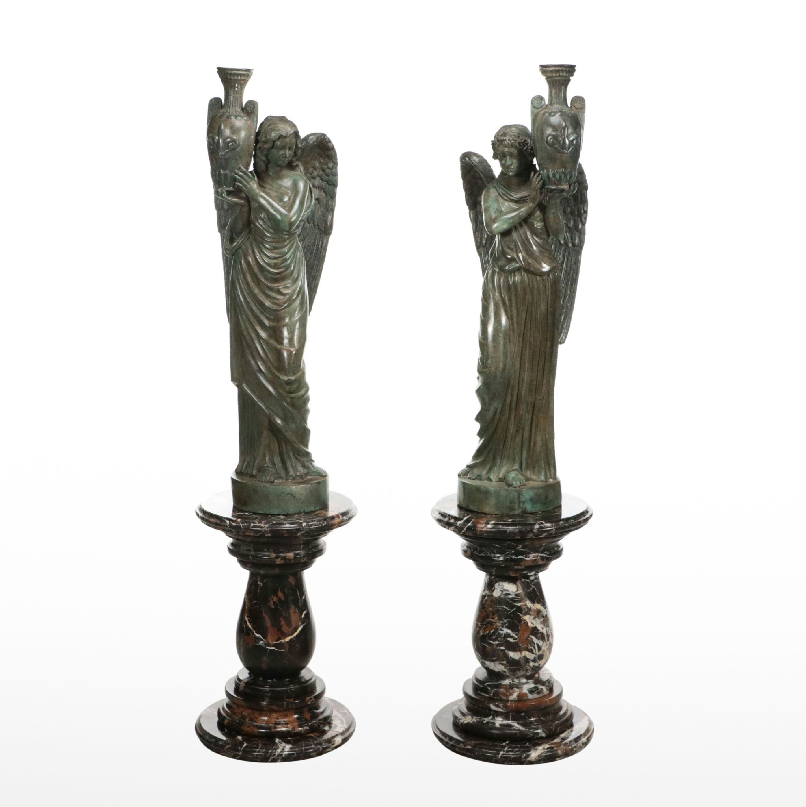 Pair of Neoclassical Style Patinated Finish Cast Metal Angels on Marble Plinths