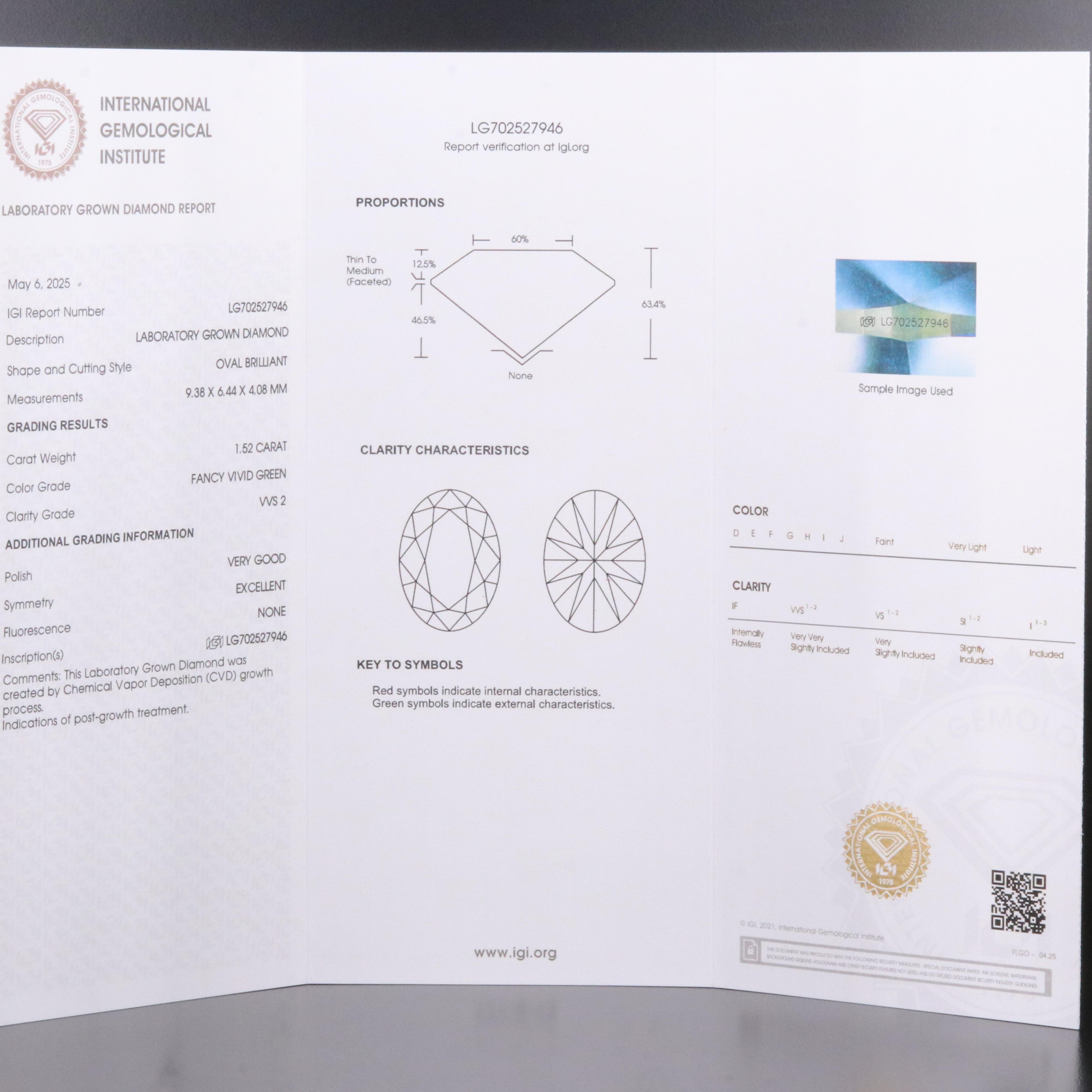 Loose 1.52 CT Lab Grown Fancy Green Diamond with IGI Report