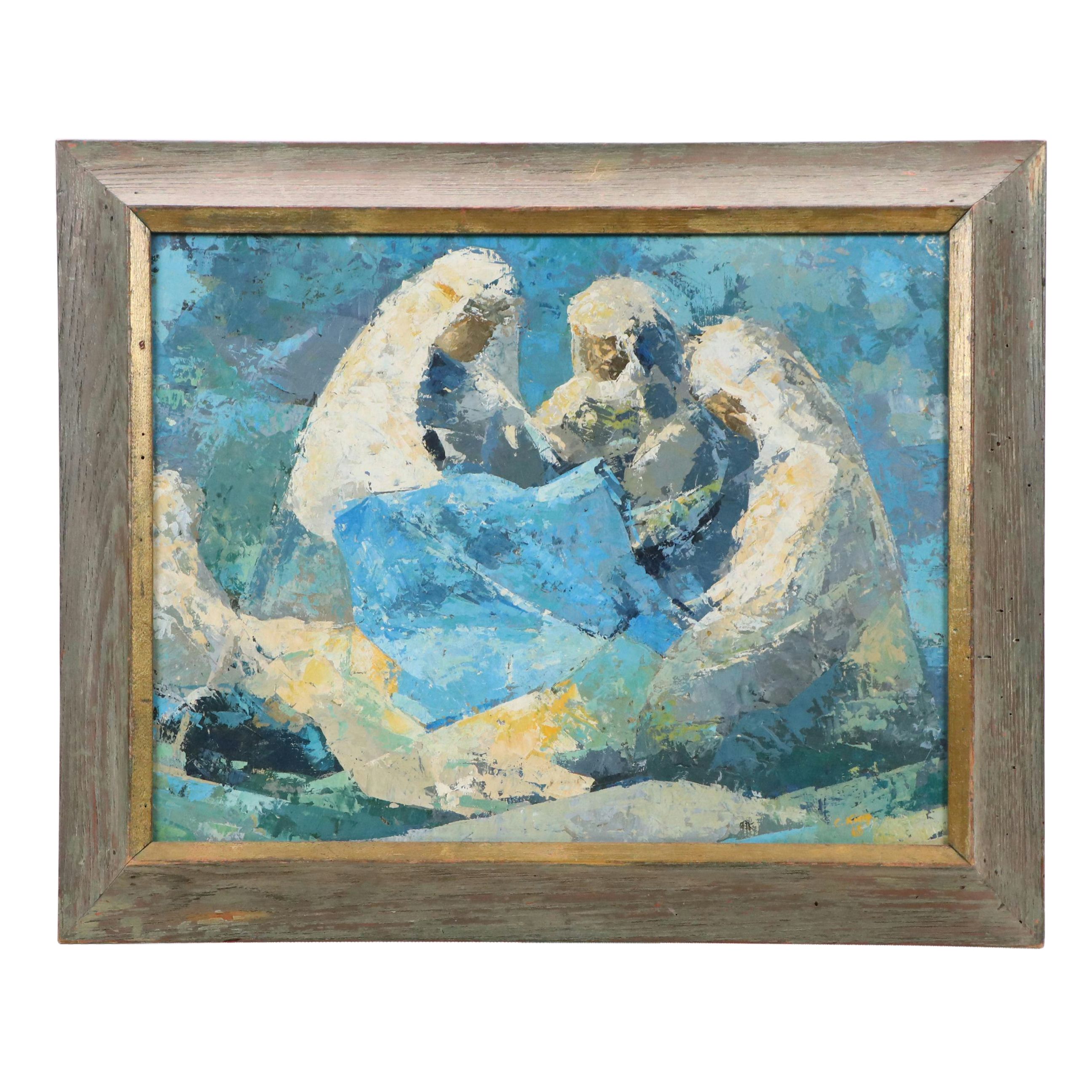 Blue Abstract Figural Oil Painting, 1965