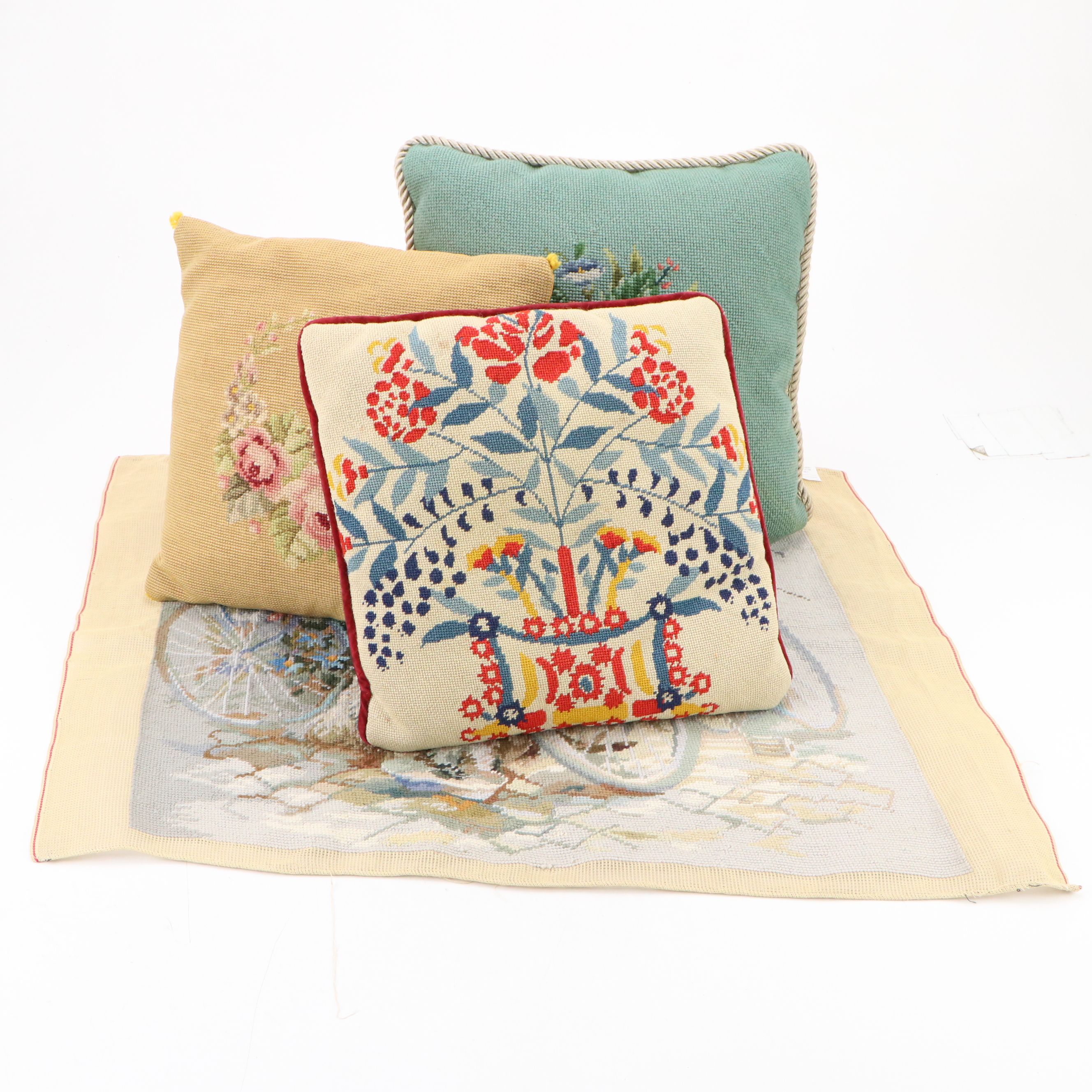 Needlepoint Floral Throw Pillows and Cat Textile Panel, 20th Century