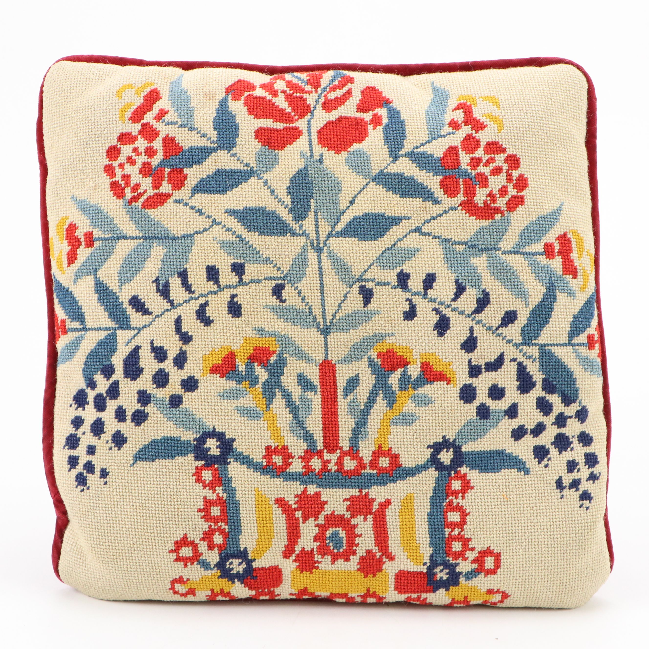 Needlepoint Floral Throw Pillows and Cat Textile Panel, 20th Century
