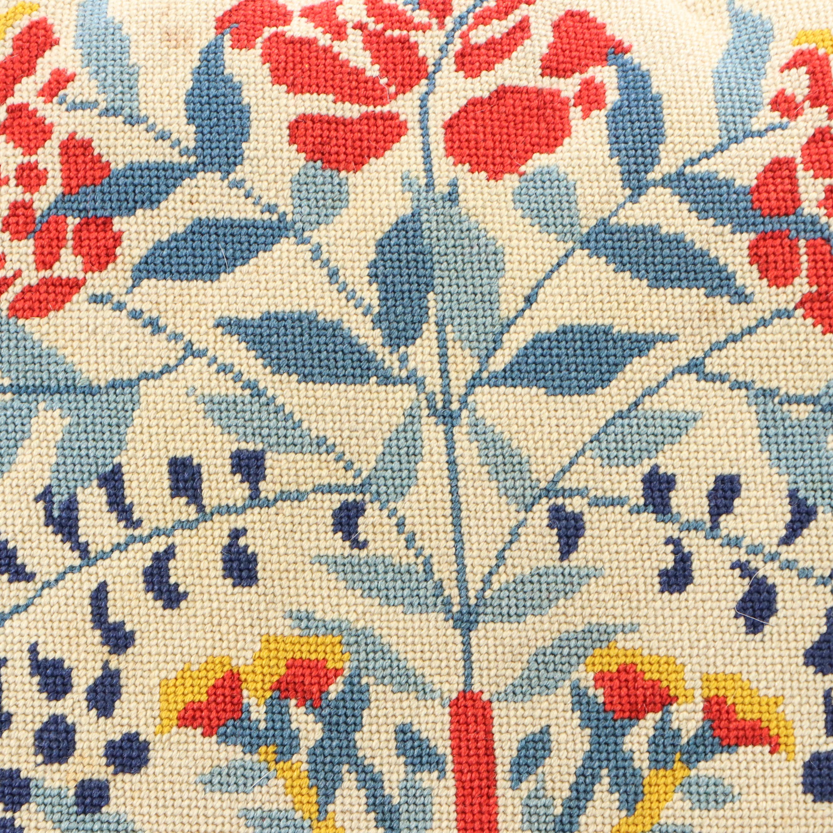 Needlepoint Floral Throw Pillows and Cat Textile Panel, 20th Century