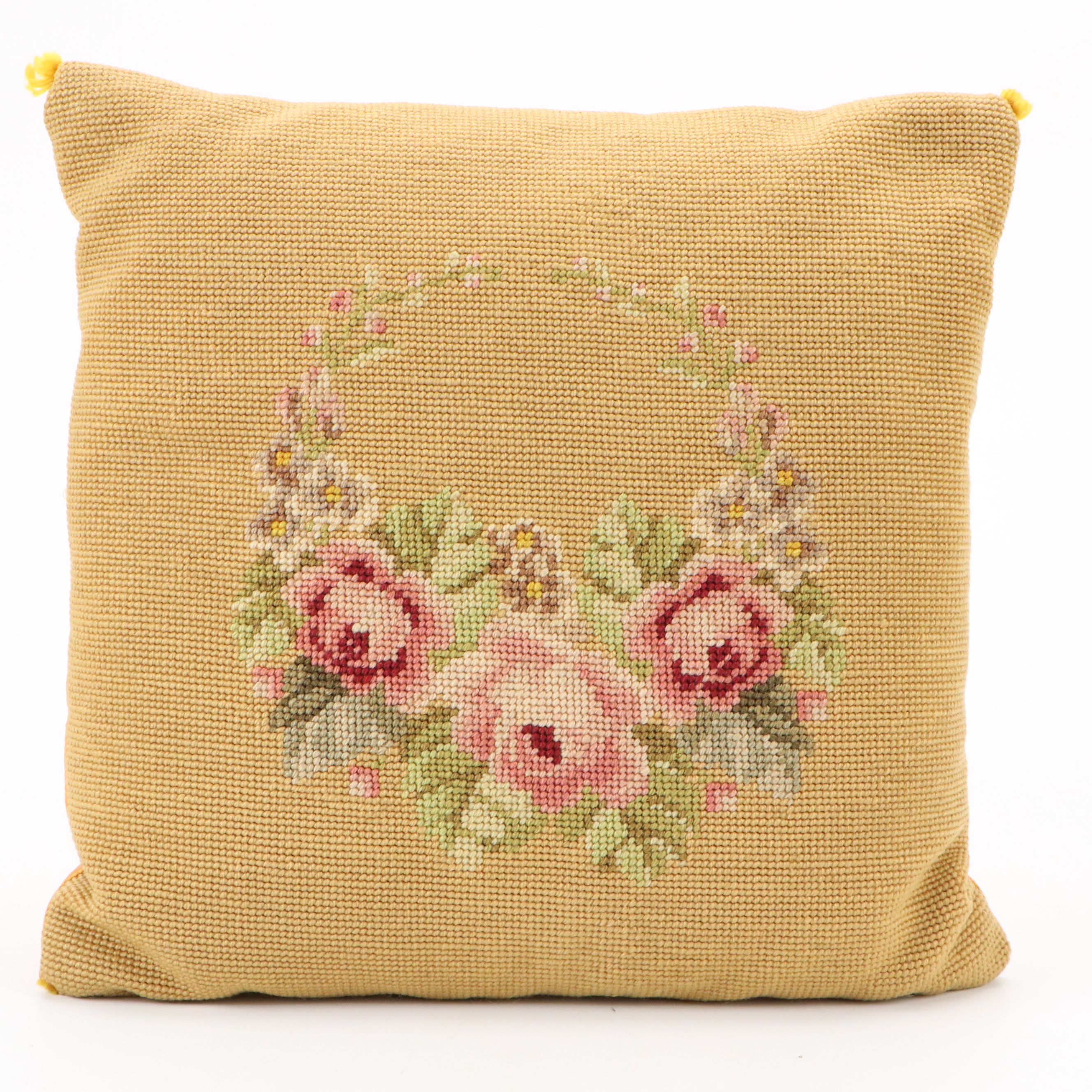 Needlepoint Floral Throw Pillows and Cat Textile Panel, 20th Century