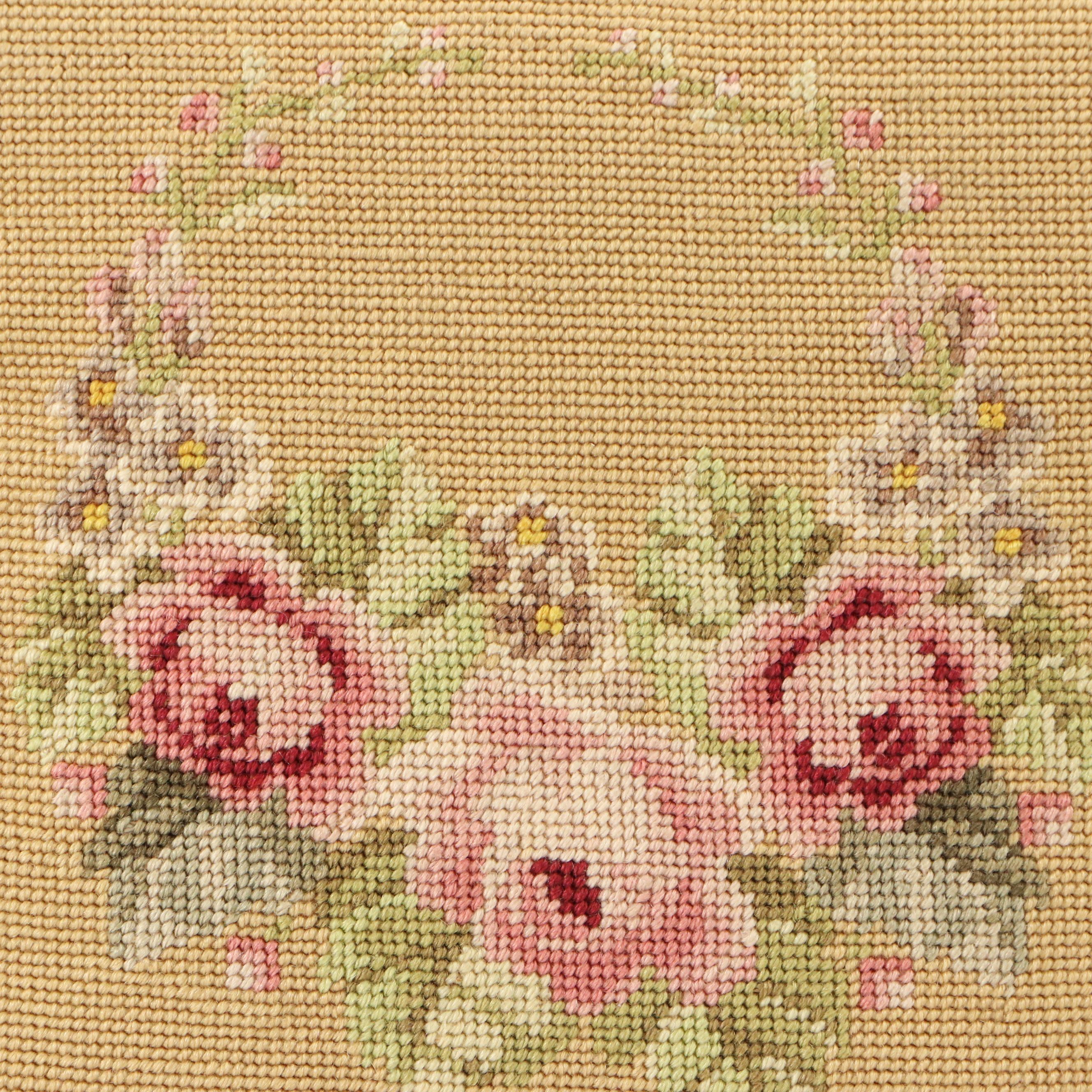 Needlepoint Floral Throw Pillows and Cat Textile Panel, 20th Century