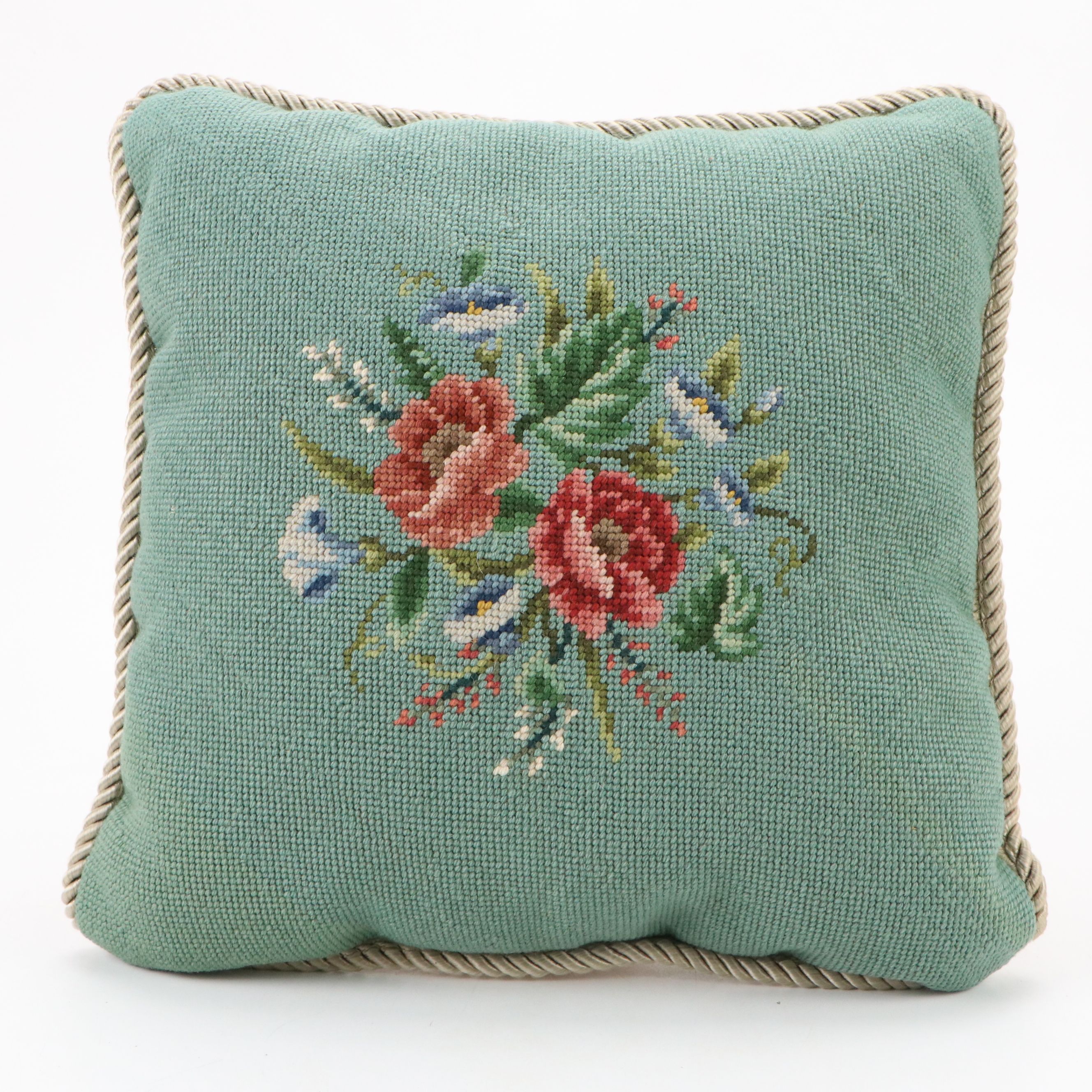 Needlepoint Floral Throw Pillows and Cat Textile Panel, 20th Century