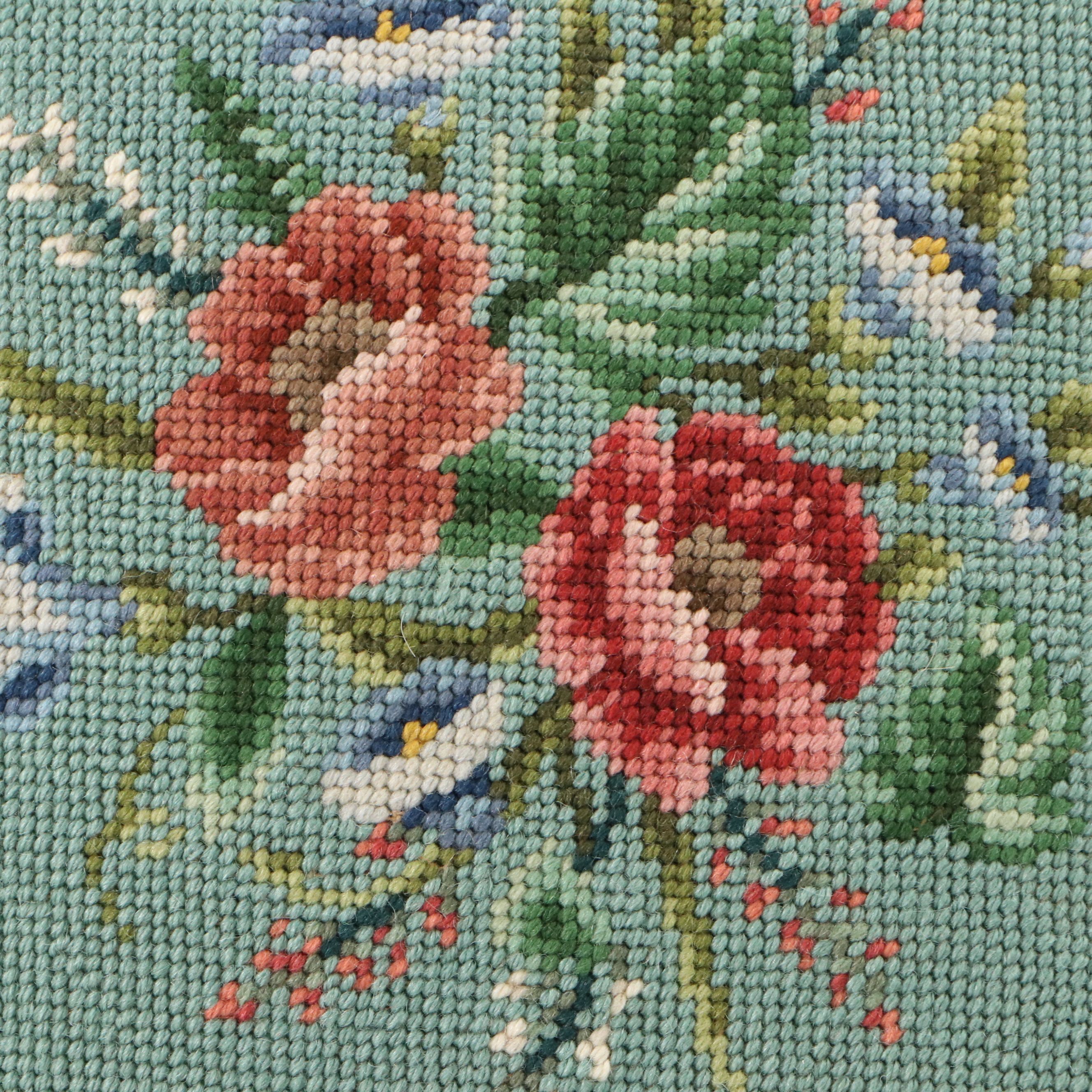 Needlepoint Floral Throw Pillows and Cat Textile Panel, 20th Century