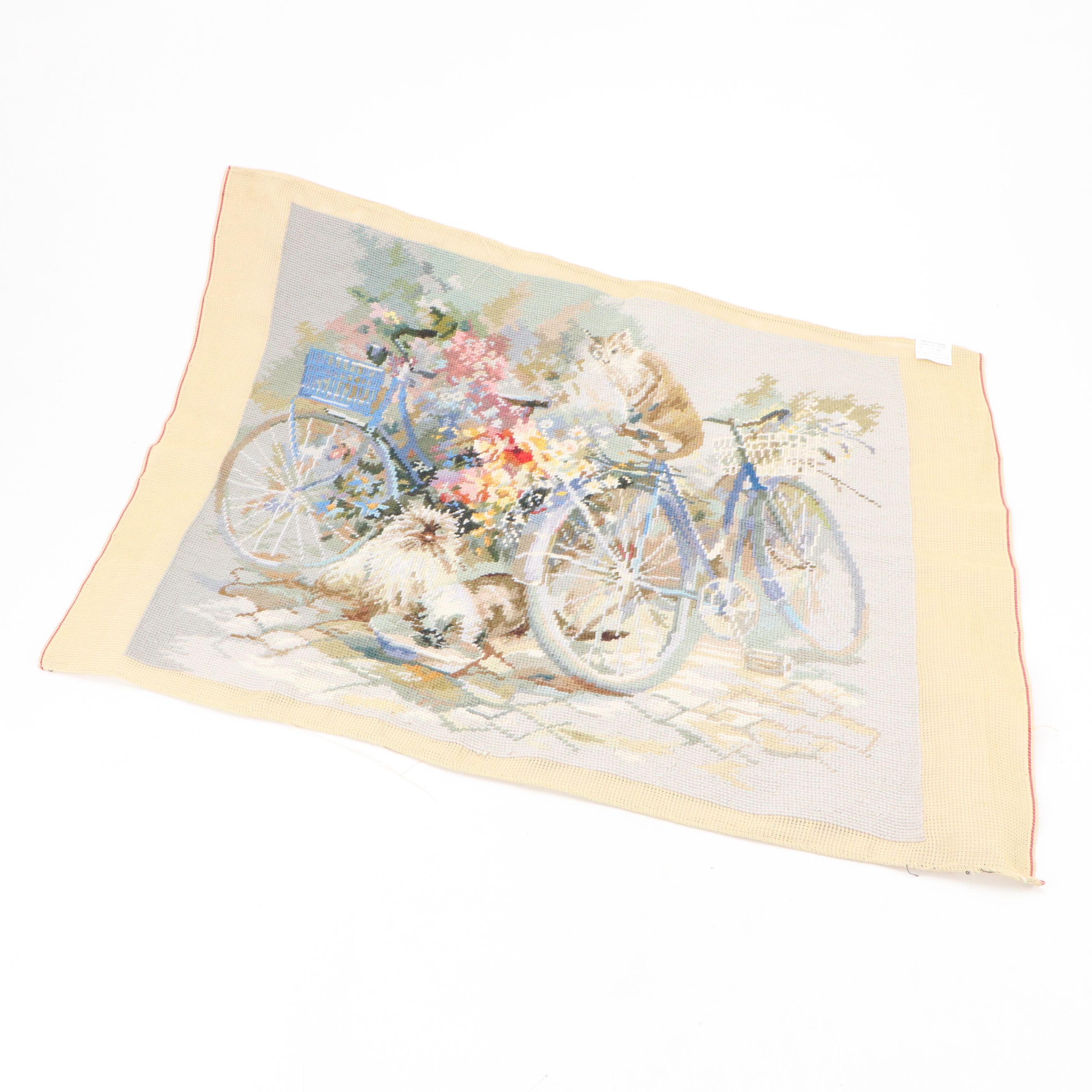 Needlepoint Floral Throw Pillows and Cat Textile Panel, 20th Century