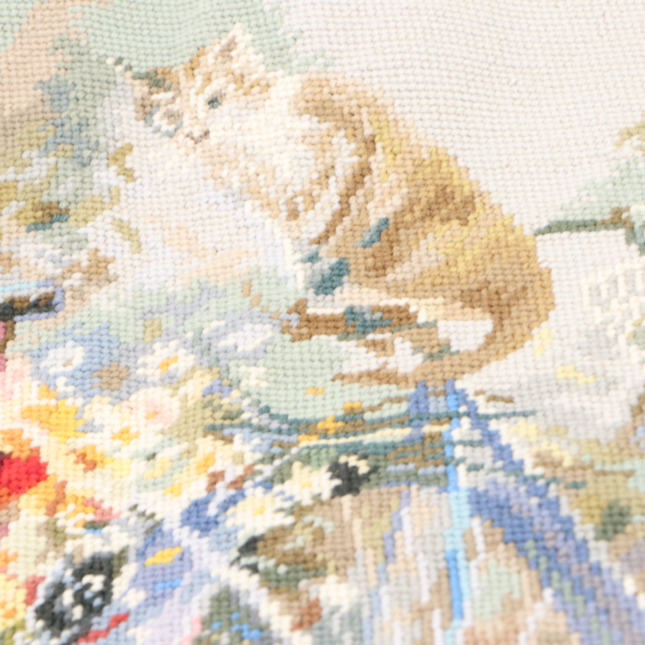 Needlepoint Floral Throw Pillows and Cat Textile Panel, 20th Century