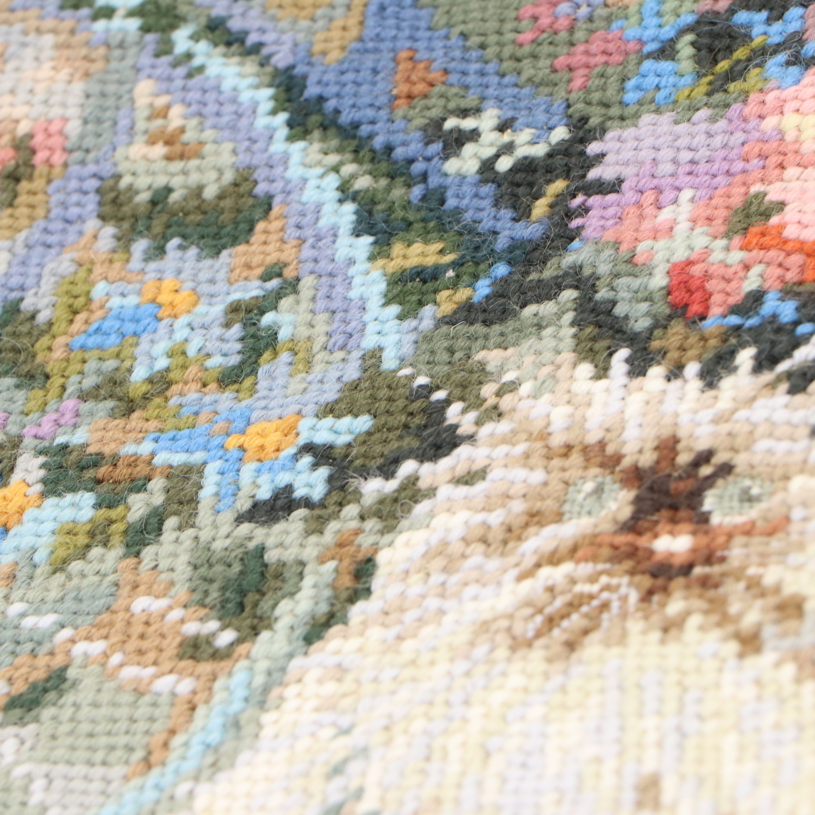 Needlepoint Floral Throw Pillows and Cat Textile Panel, 20th Century