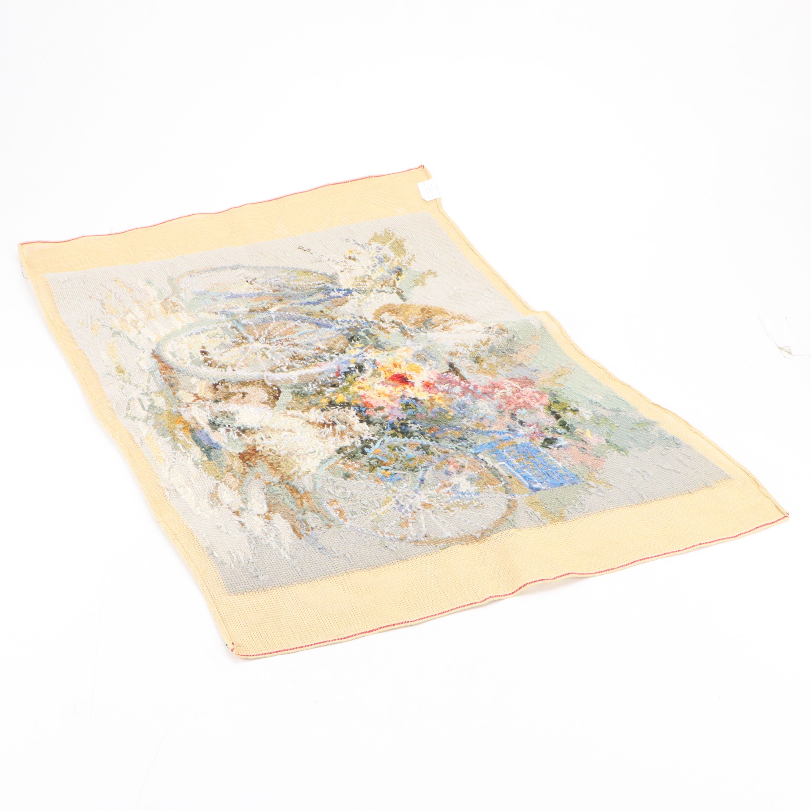 Needlepoint Floral Throw Pillows and Cat Textile Panel, 20th Century