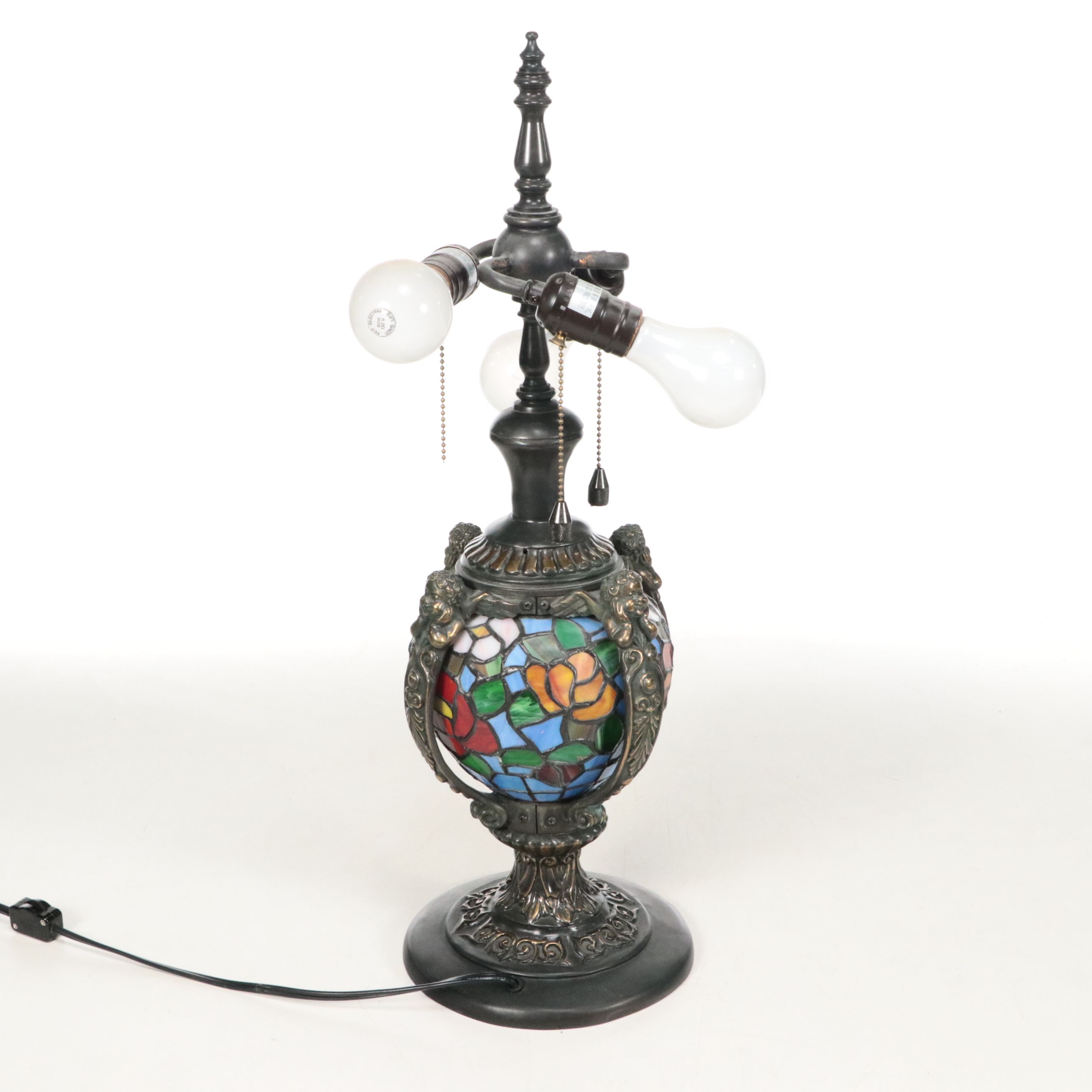 Art Nouveau Style Metal Table Lamp with Floral Slag Glass Shade