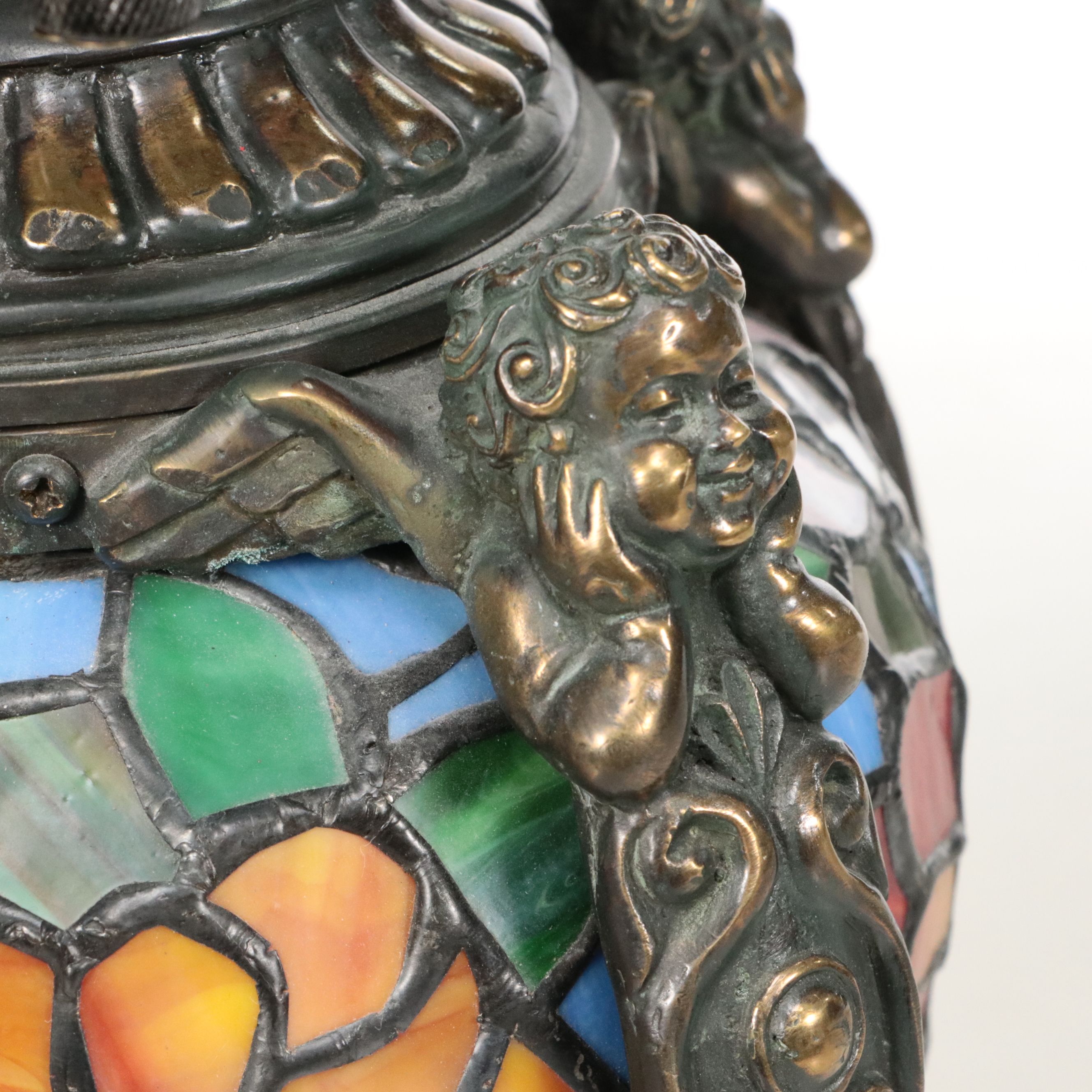 Art Nouveau Style Metal Table Lamp with Floral Slag Glass Shade