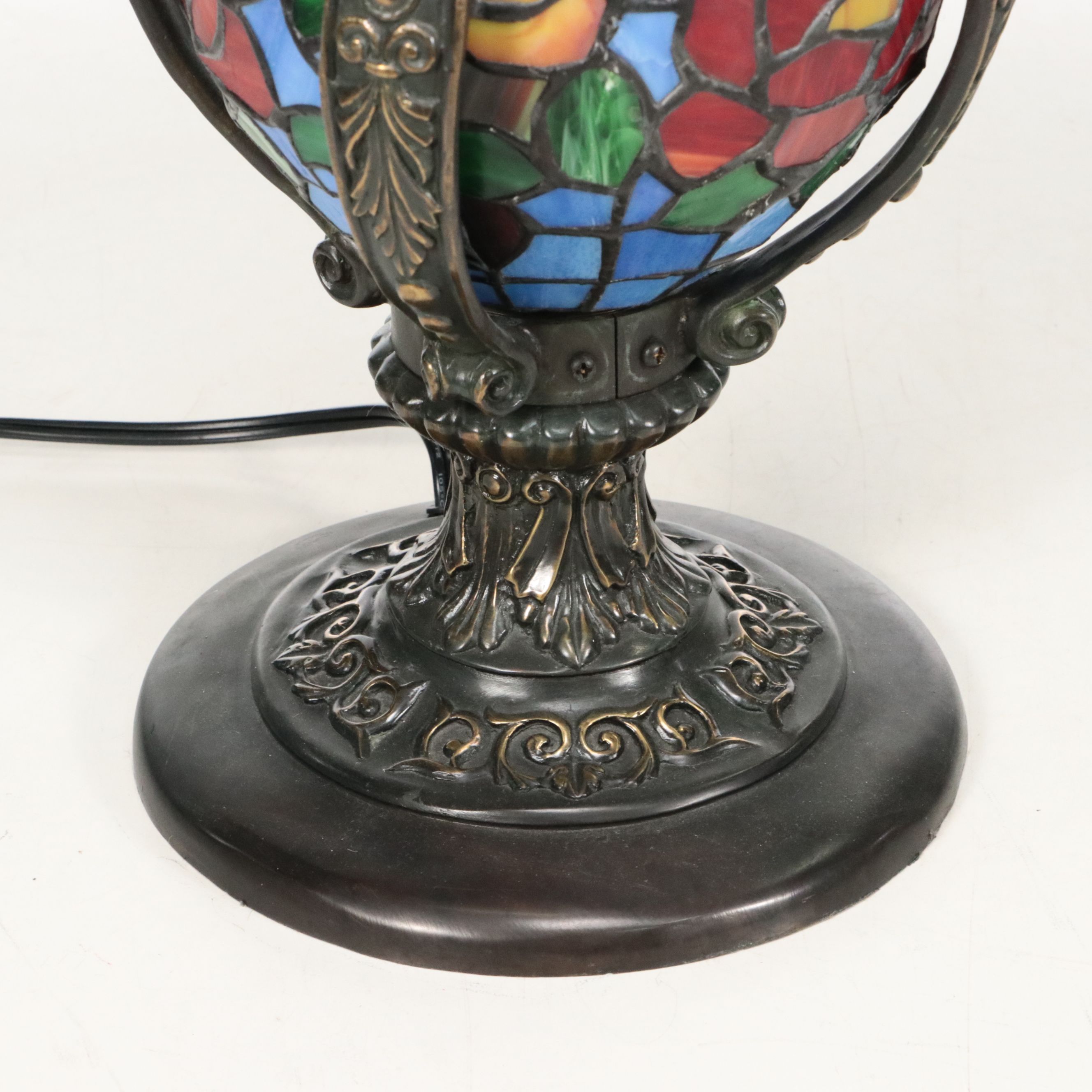 Art Nouveau Style Metal Table Lamp with Floral Slag Glass Shade