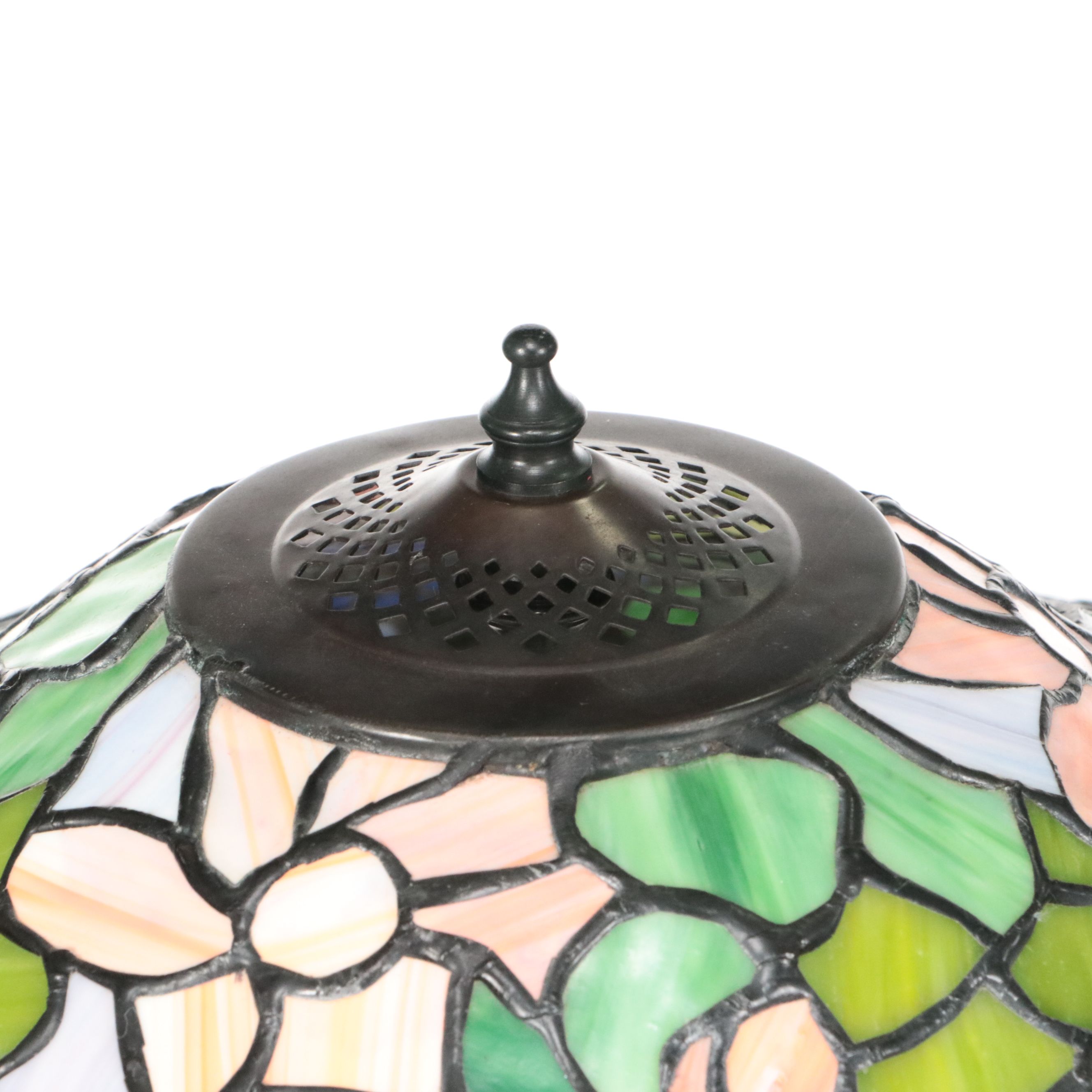 Art Nouveau Style Metal Table Lamp with Floral Slag Glass Shade