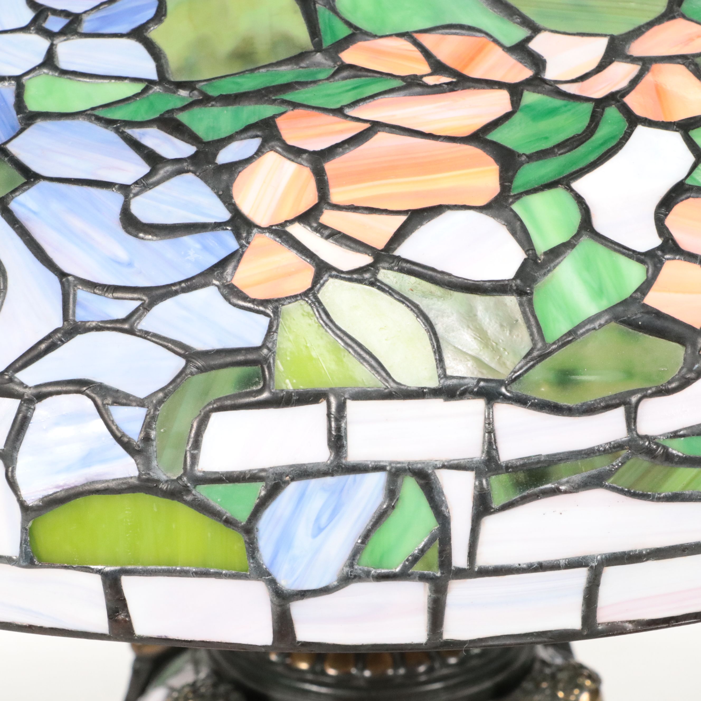 Art Nouveau Style Metal Table Lamp with Floral Slag Glass Shade