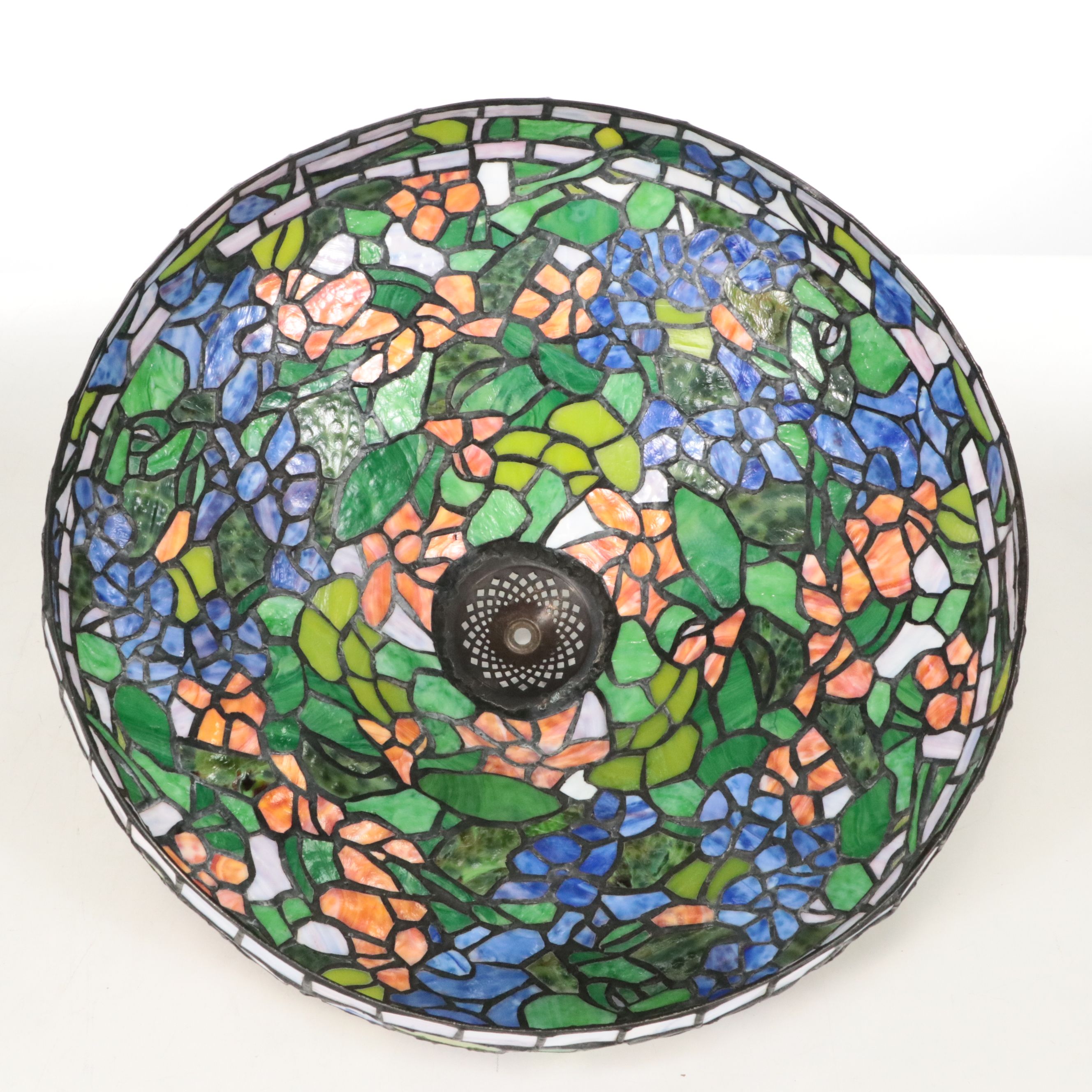 Art Nouveau Style Metal Table Lamp with Floral Slag Glass Shade