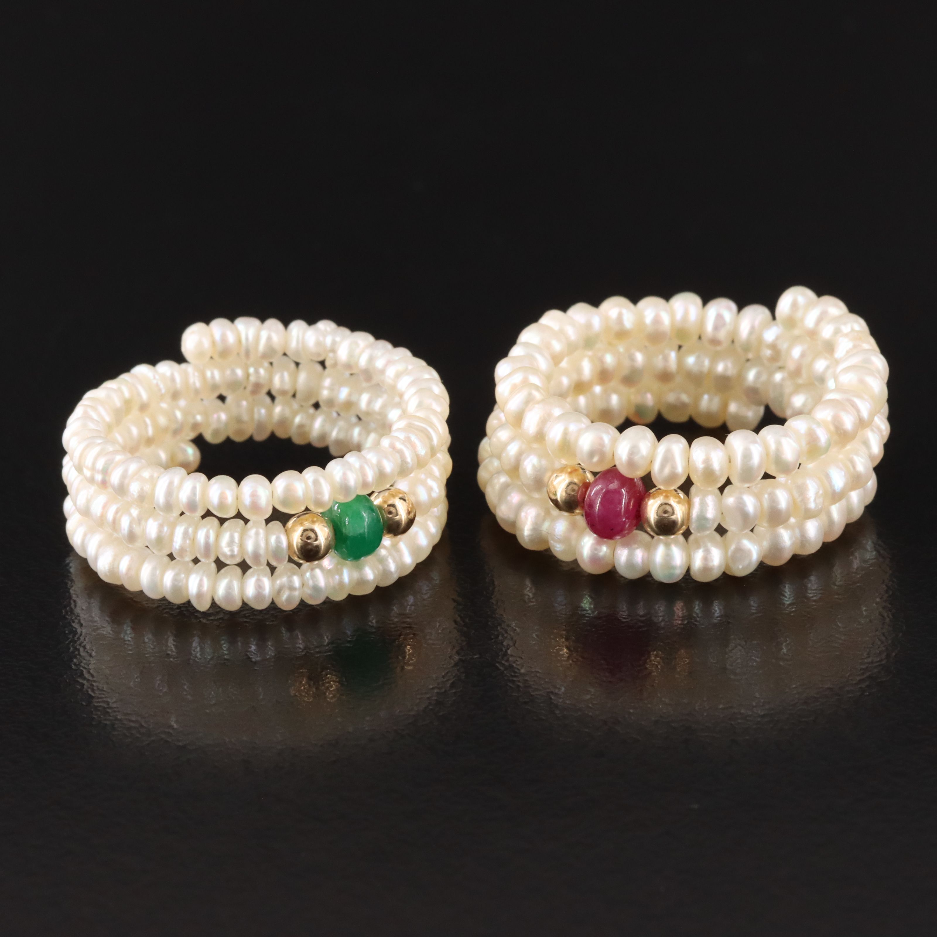 Pearl Wrap Rings with 14K Emerald and Ruby Accents