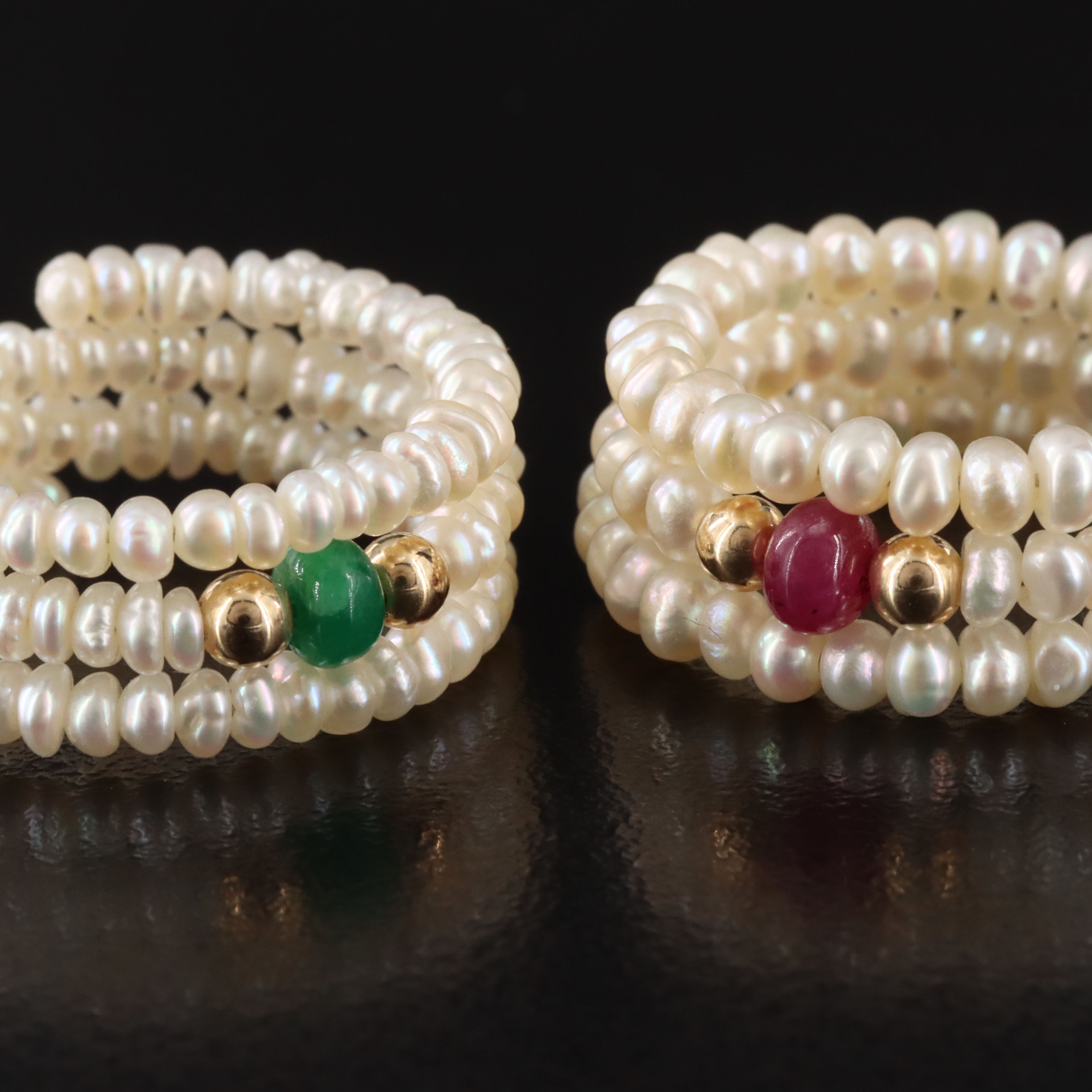 Pearl Wrap Rings with 14K Emerald and Ruby Accents