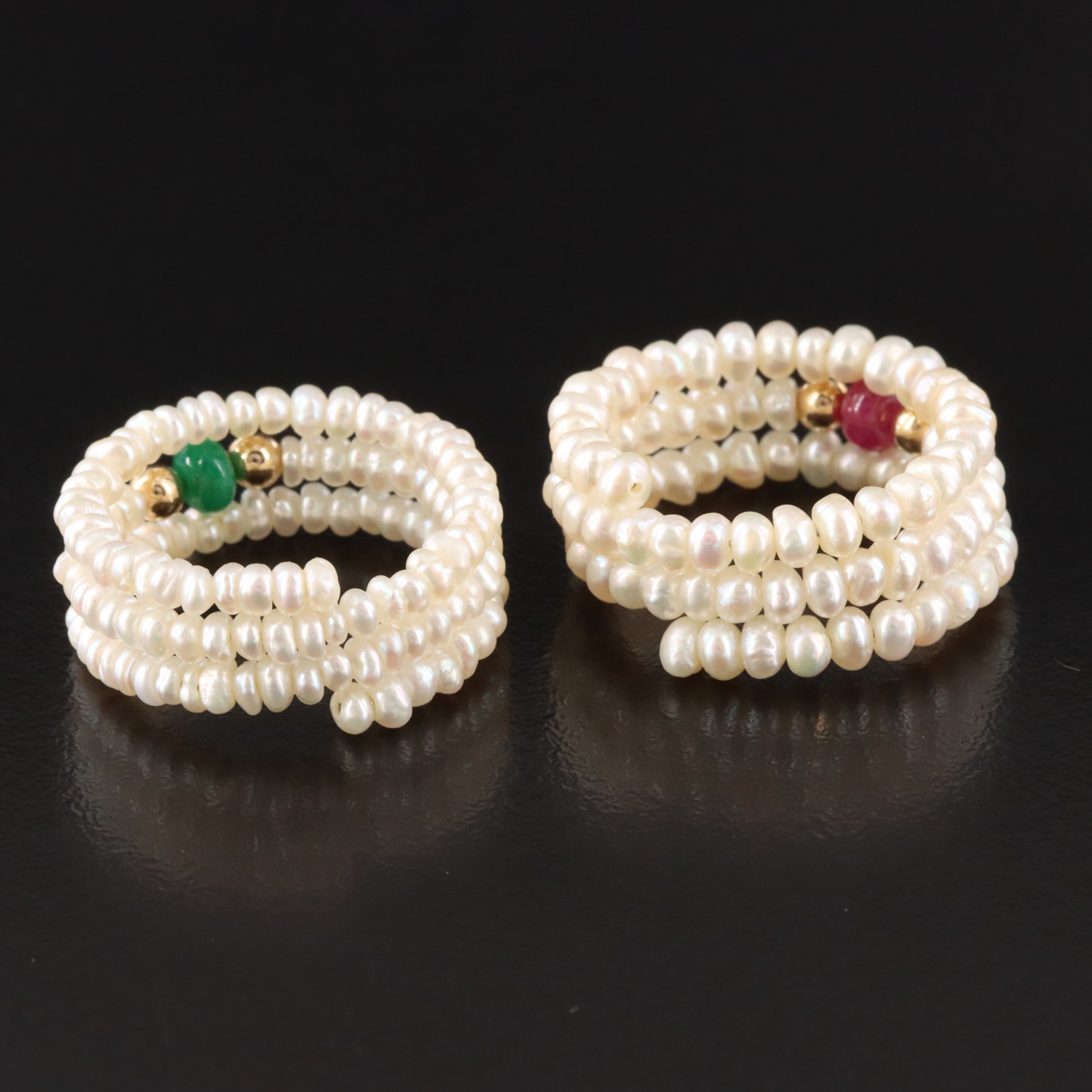 Pearl Wrap Rings with 14K Emerald and Ruby Accents