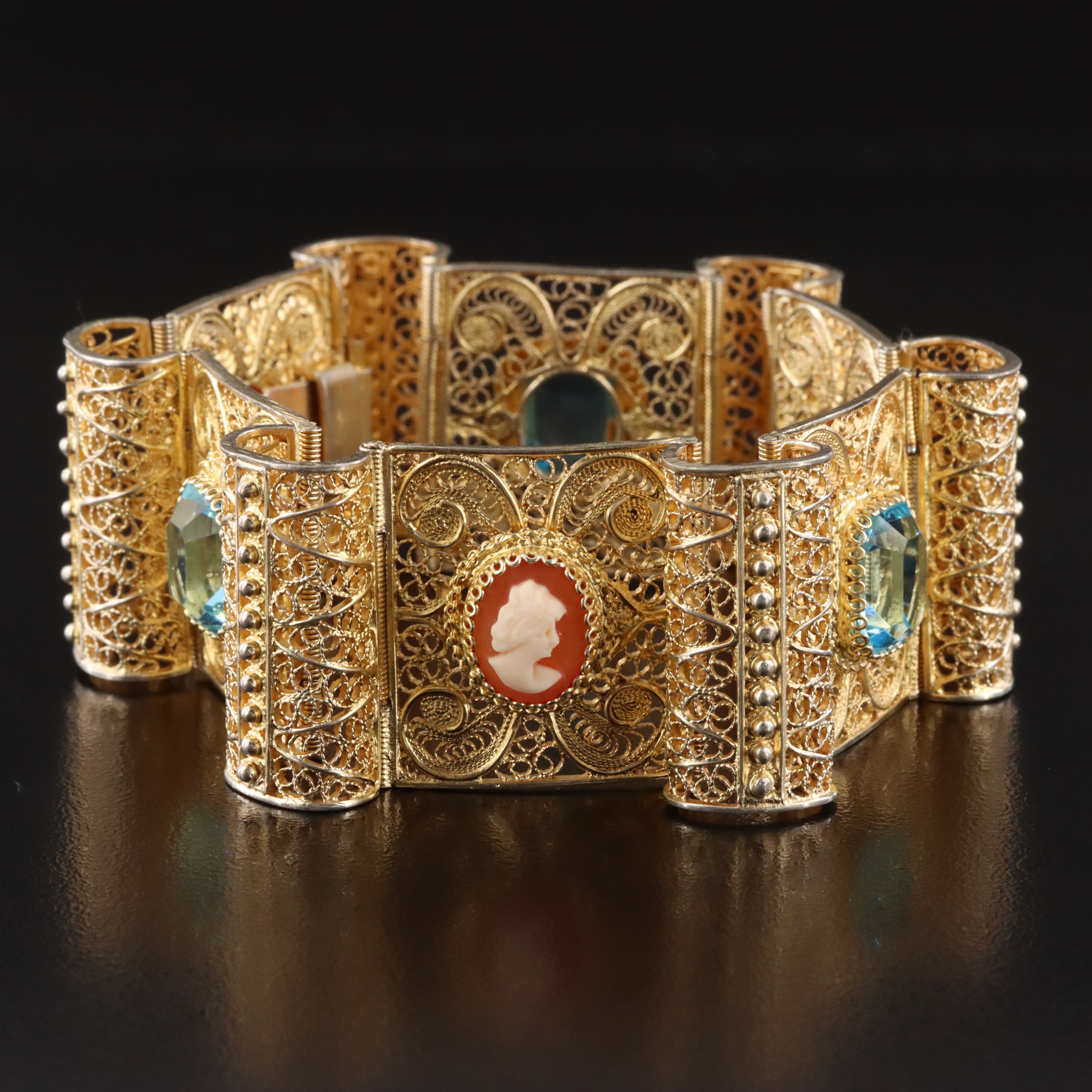 Italian Alioto Adviana Gilt 800 Silver Shell Cameo & Crystal Filigree Bracelet