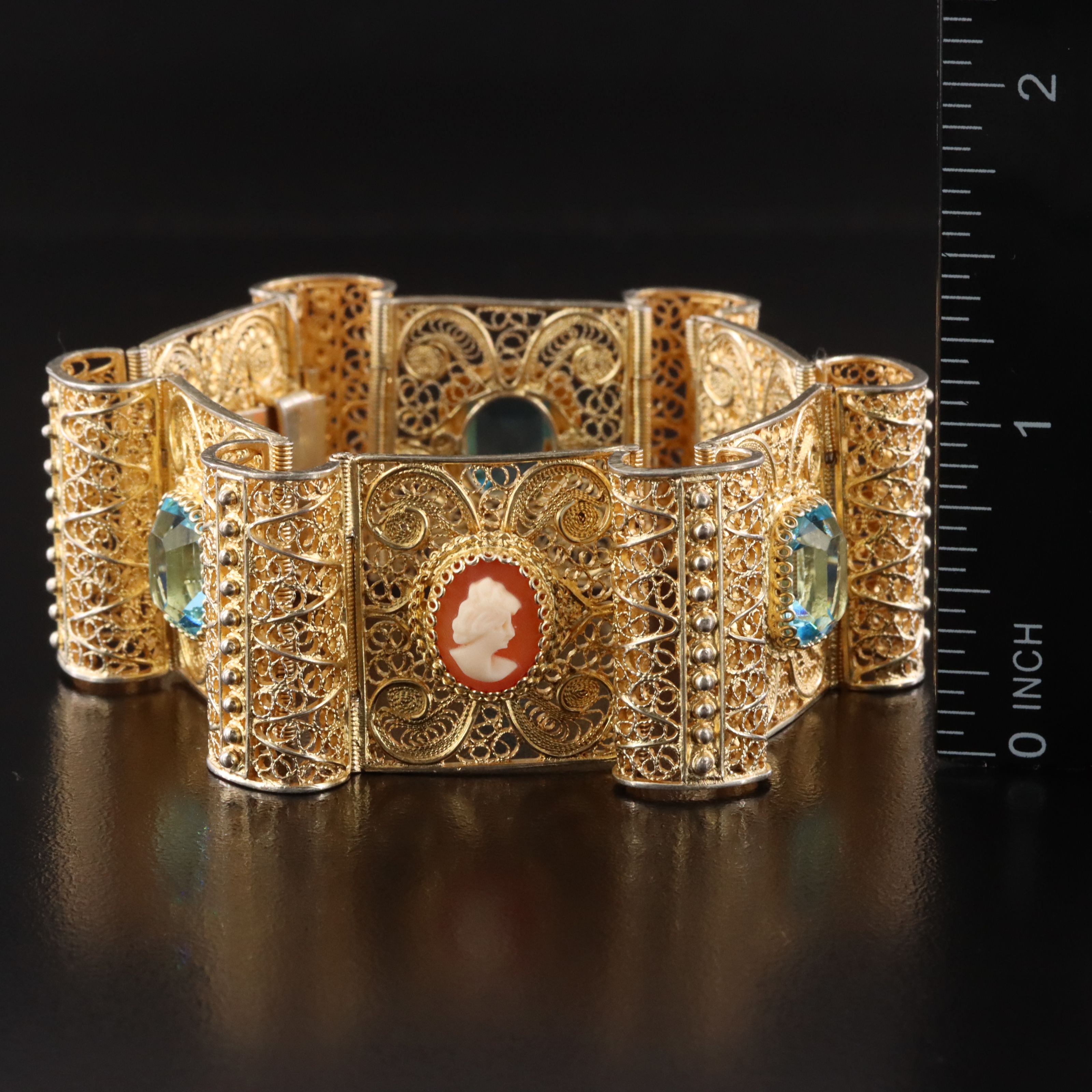 Italian Alioto Adviana Gilt 800 Silver Shell Cameo & Crystal Filigree Bracelet